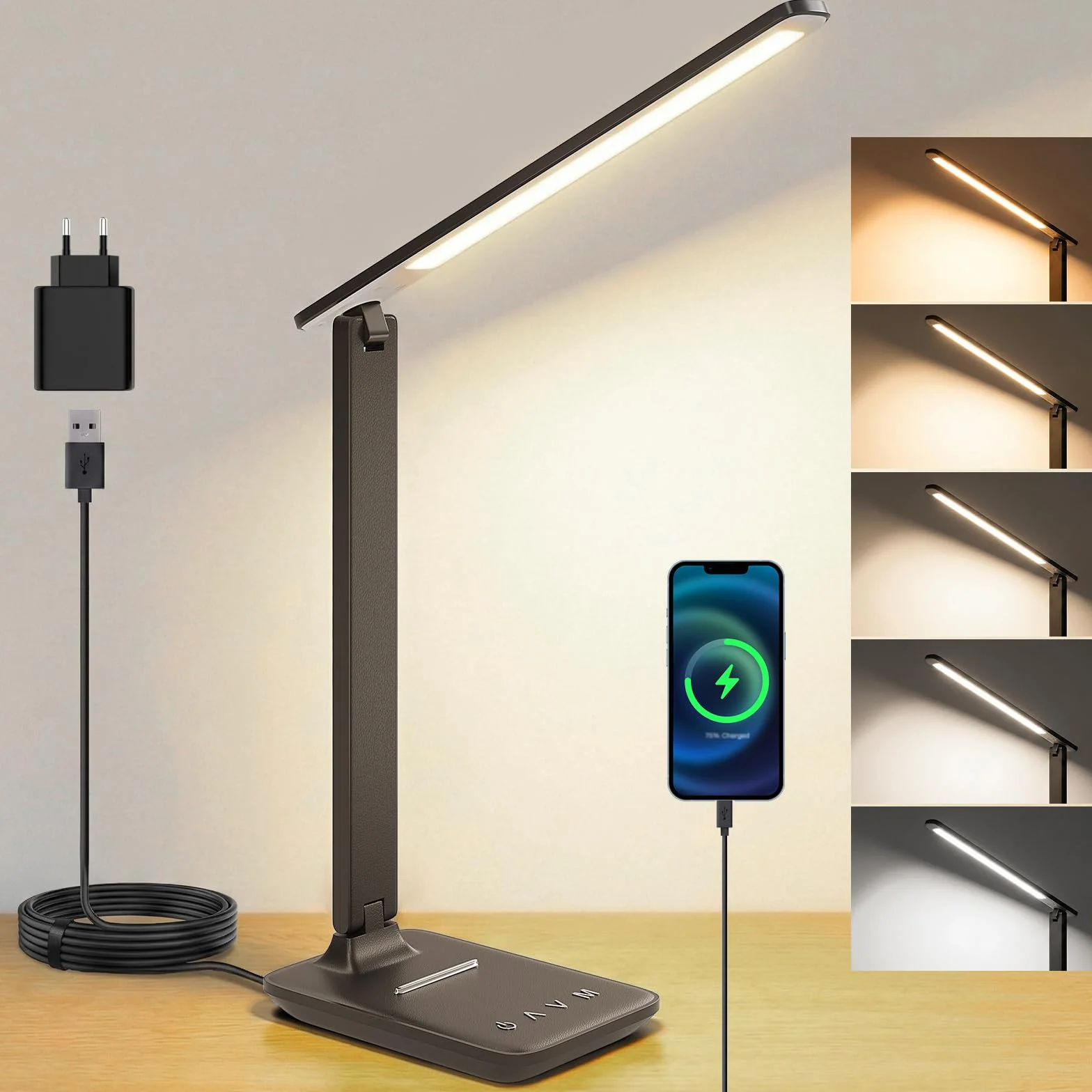 Schreibtischlampe LED Dimmbar für Büro, Lesen und Homeoffice | Tischlampe mit Augenschutz, USB-Ladeanschluss, 5 Farbtemperaturen & 5 Helligkeitsstufen, Touch-Steuerung, faltbare Leselampe