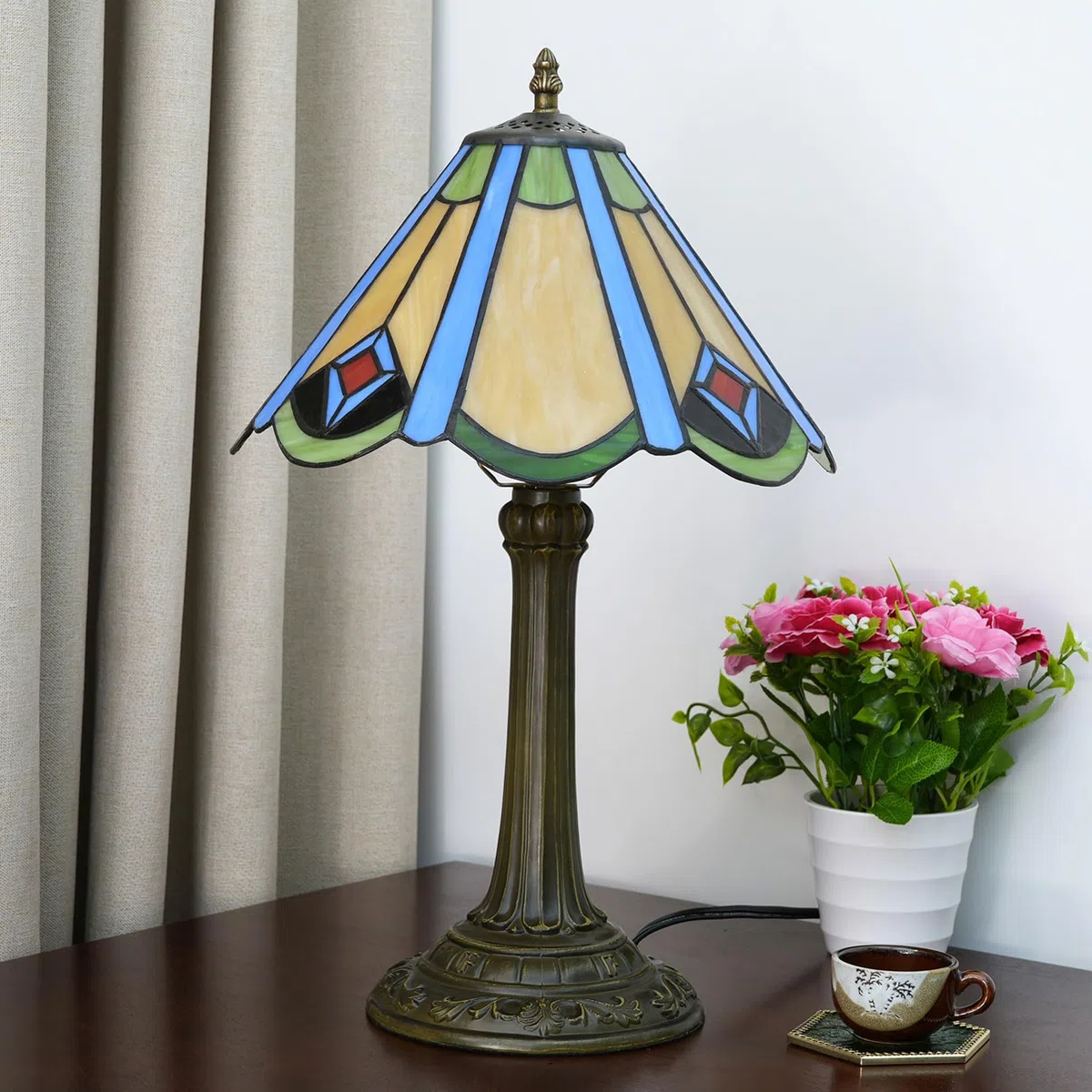 Tiffany Stil Japanische Klassische Tischlampe, 12" Nachttischlampe aus Buntglas, E27, 19" hohes Vintage-Nachtlicht für Büro Wohnzimmer Schlafzimmer Arbeitszimmer