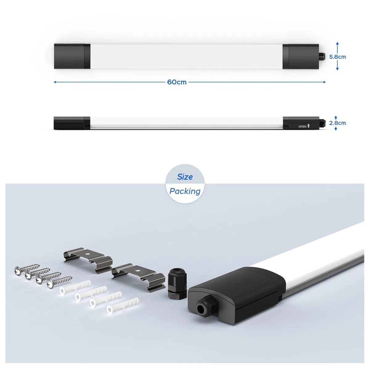 ANTENLICHT LED Feuchtraumleuchte 60CM mit 18W 1980Lumen Kaltlweiß 5000k, Einfache Montage Wannenleuchte Flach Deckenleuchte Wasserfest IP65 Werkstattlampe für Büro Keller Garage, Schwarz