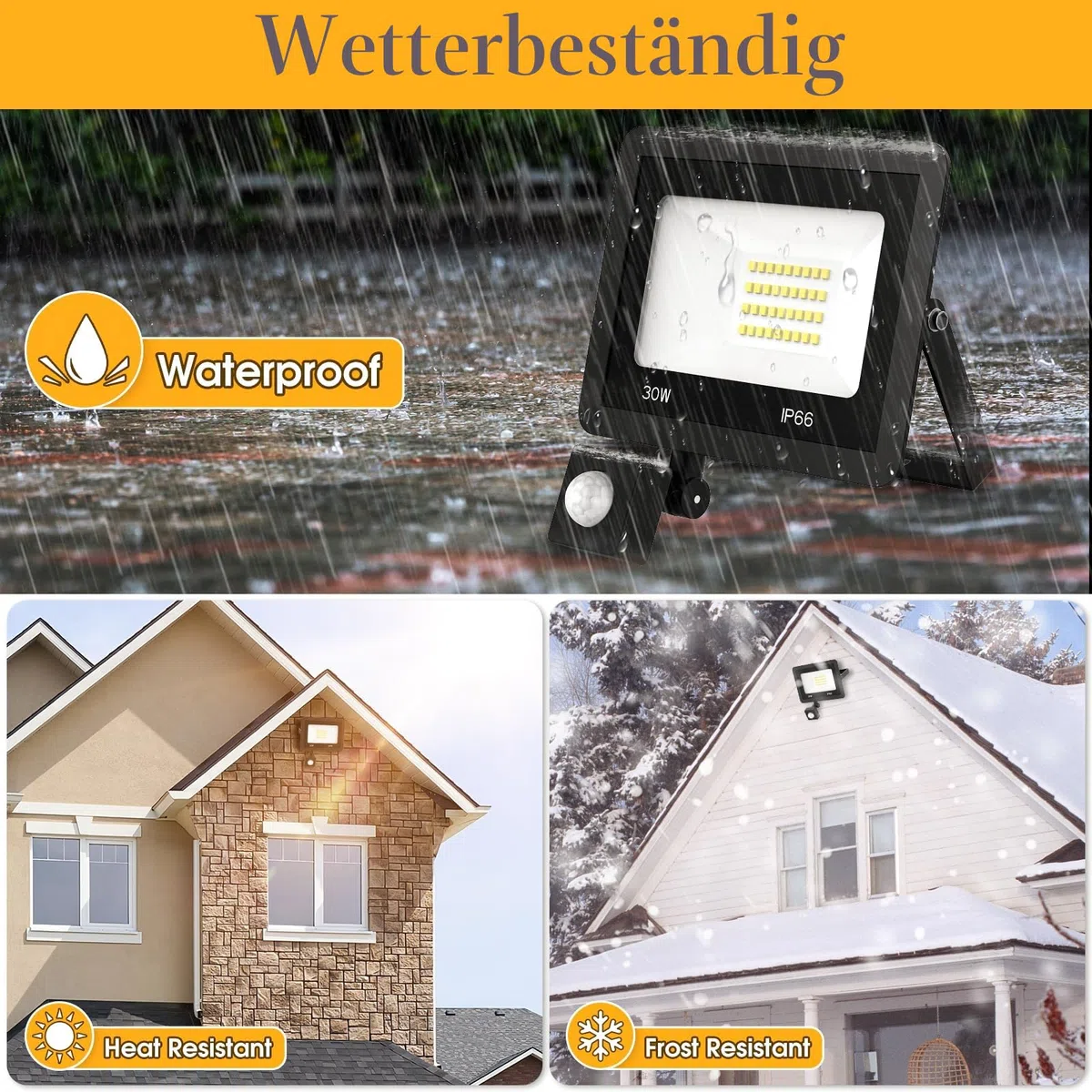 30W LED Strahler mit Bewegungsmelder Außen - 2 Stück Außenlampe mit Fernbedienung, 6500K Kaltweiß Superhell Innen Aussen Lampe, IP66 Wasserdicht Aussenlampe für Garten Garage Hof Wohnen Hinterhof