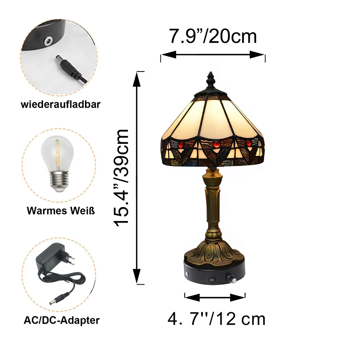 Tiffany-Stil Tischlampe Kabellos Warmweißes, Wiederaufladbar Tischleuchte, Dimmbar Nachttischlampe mit Glasschirm für Nachttisch Esszimmer Schlafzimmer -TD0773