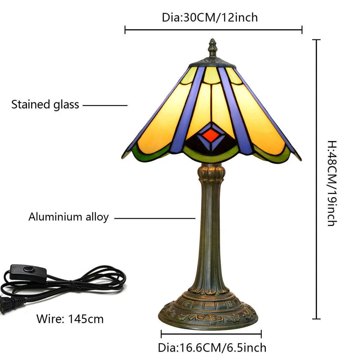 Tiffany Stil Japanische Klassische Tischlampe, 12" Nachttischlampe aus Buntglas, E27, 19" hohes Vintage-Nachtlicht für Büro Wohnzimmer Schlafzimmer Arbeitszimmer