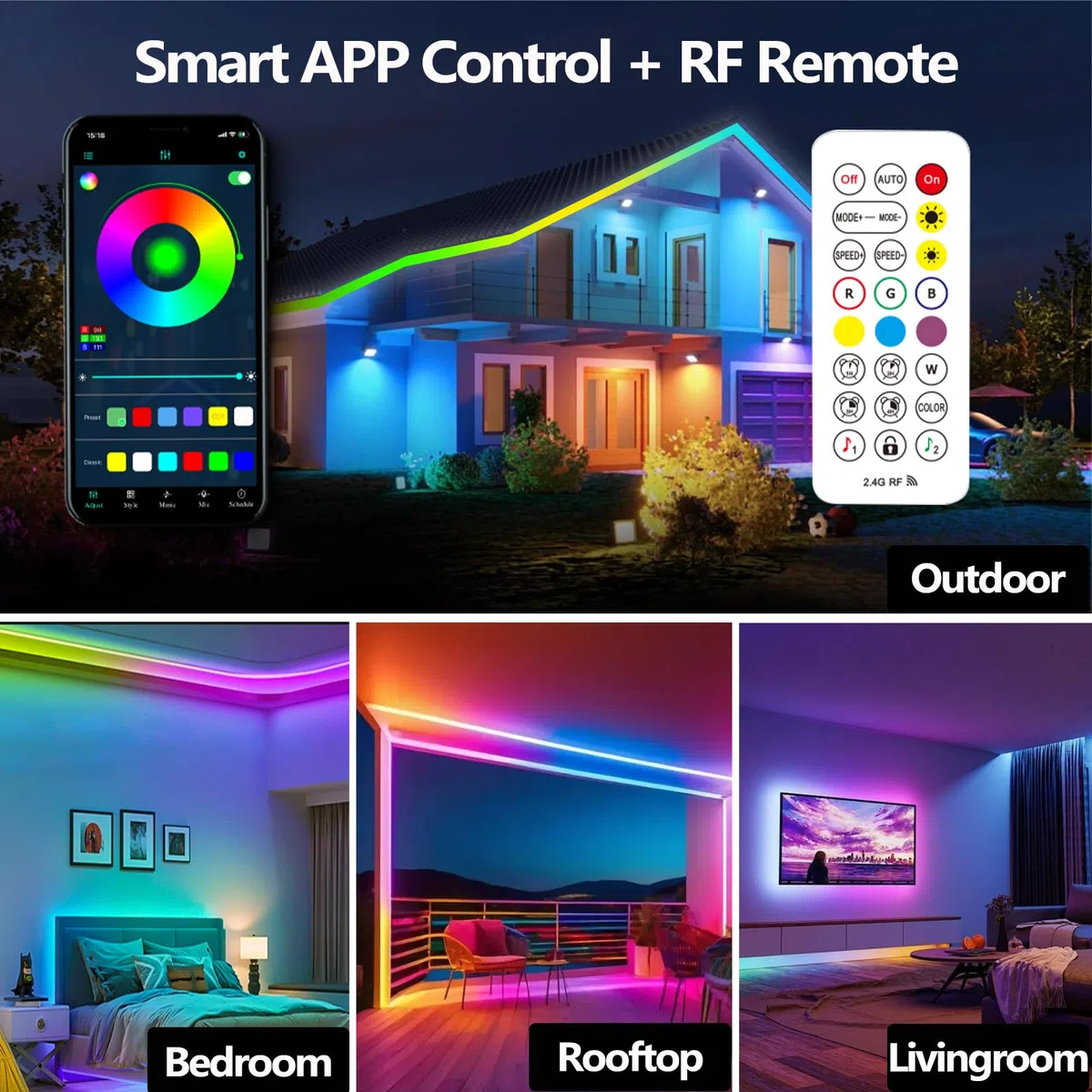15m RGB+IC LED Streifen,Außenbereich IP68 Wasserdicht,Steuerung mit App/Fernbedienung,Bluetooth Musik Sync Seillicht für Balkone,errassen,Dächer,Gärten,Schwimmbäder
