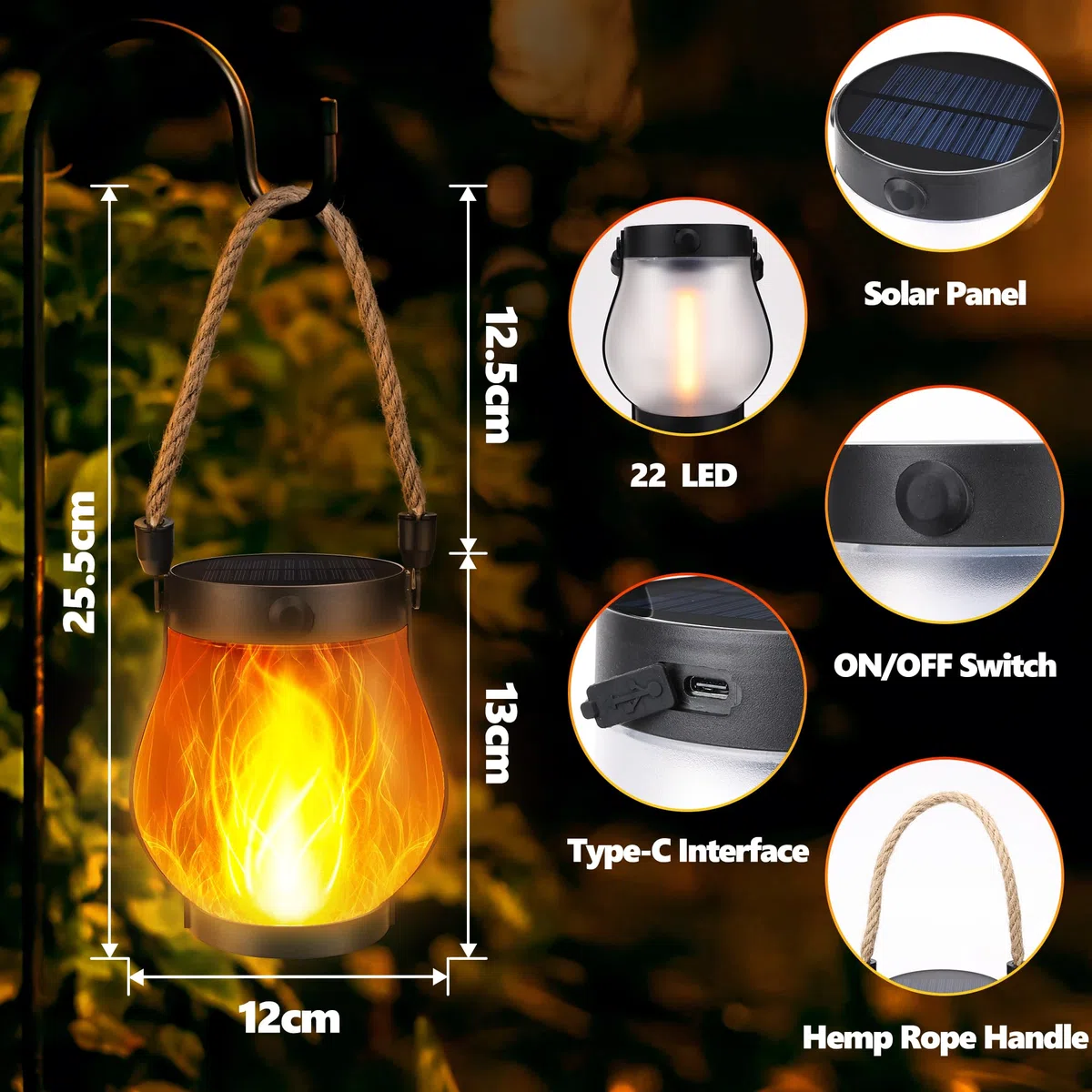 Solar-Flammenlaterne Außenaufhängbar Wasserfest - Flammenlaterne mit Doppelauflademodi Solar & USB für Garten oder Hof | Weihnachtsdekoration (2)
