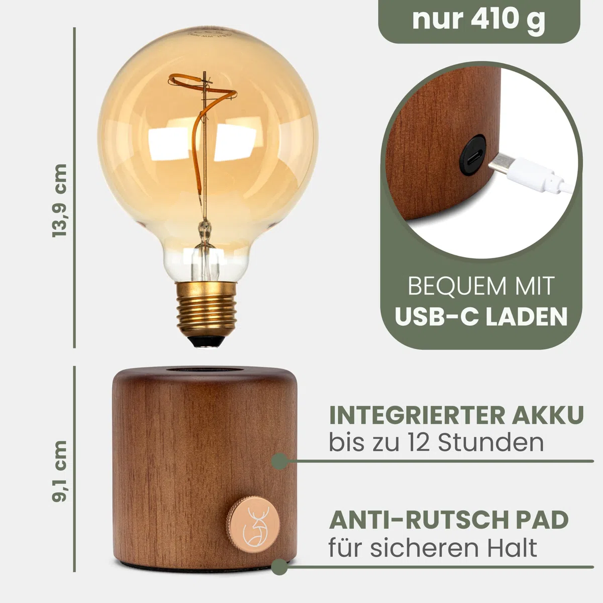 WALDWERK Nachttischlampe aus Eichenholz und Metall - Dimmbare Tischlampe mit Akku - Lampe Kabellos - Tischleuchte - Tischlampe Kabellos - Nachtlicht aus Holz