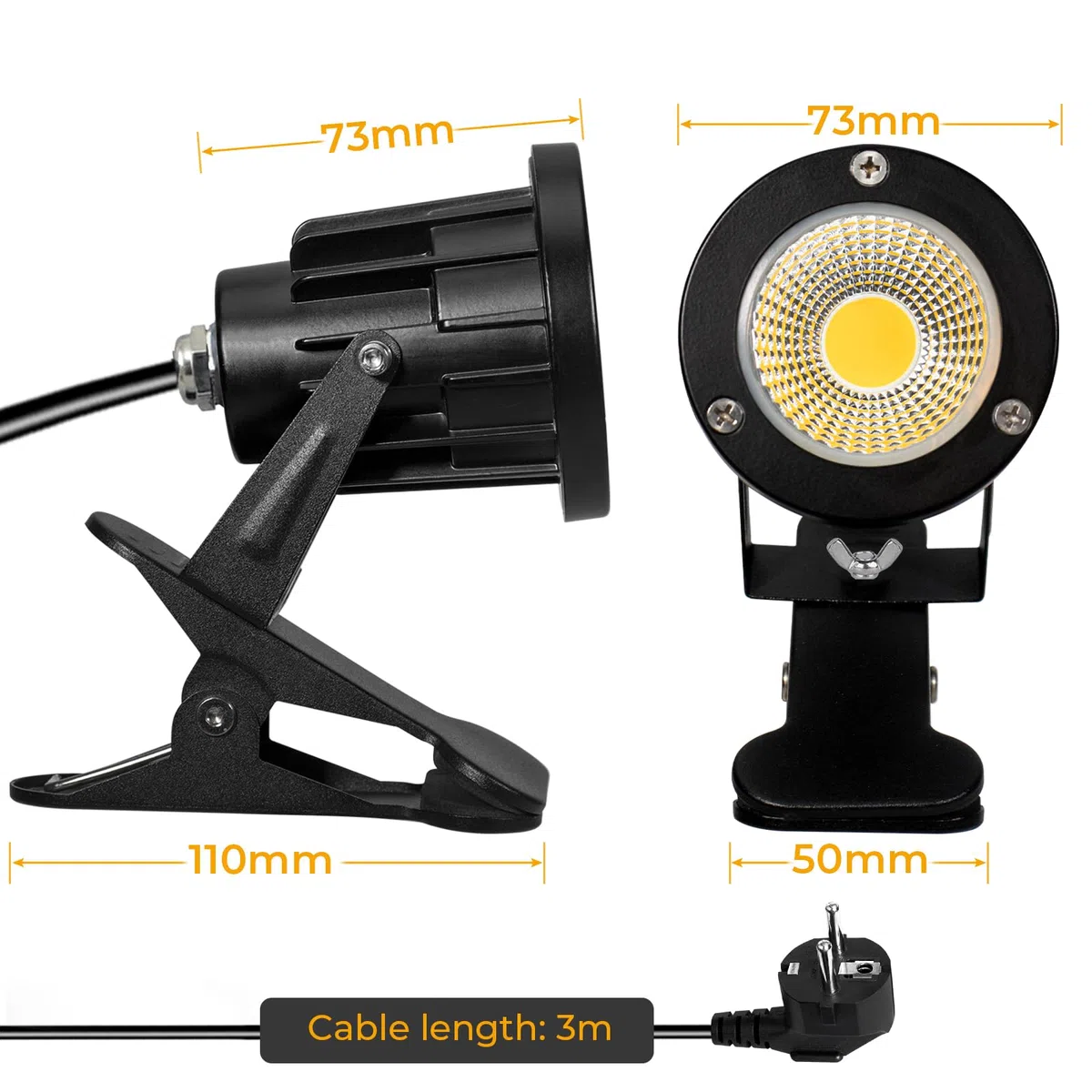 Milpoel COB LED Strahler mit Klemme, 7W, 3m Kabel, IP65 Wasserdicht, Außen- & Innenbeleuchtung (Warmweiß, 1)