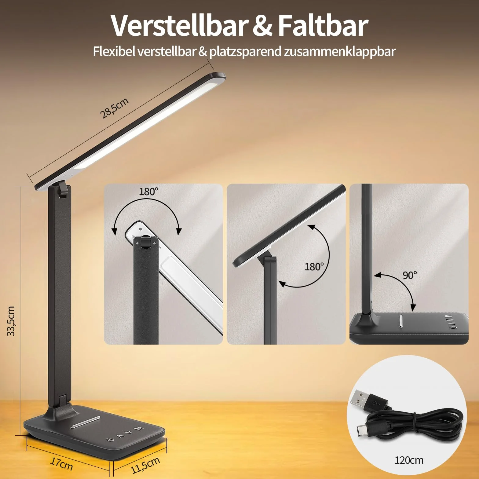 Schreibtischlampe LED Dimmbar für Büro, Lesen und Homeoffice | Tischlampe mit Augenschutz, USB-Ladeanschluss, 5 Farbtemperaturen & 5 Helligkeitsstufen, Touch-Steuerung, faltbare Leselampe