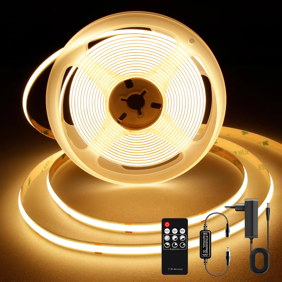 TTWAY COB LED Streifen 2M, 2700K Warmweiße LED Streifen mit Netzteil und Fernbedienung, DC24V, 480LEDs/M, CRI 90+, 8mm Breite, Dimmbare Light Strips für die Schlafzimmerdekoration