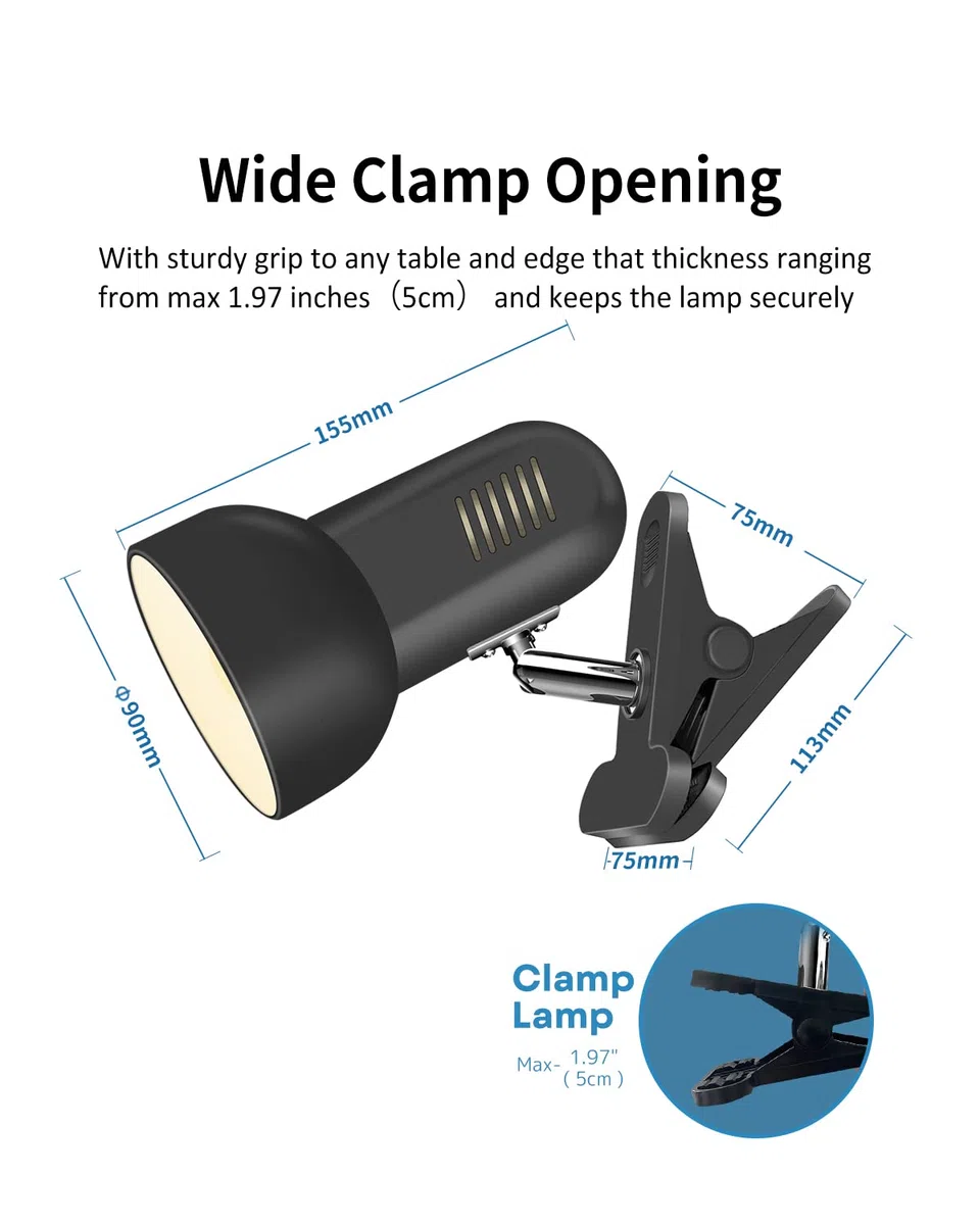 Milpoel Klemmleuchte, Verstellbare Schreibtischlampe mit E27-Fassung, Klemmlampe für Lesen im Bett, Arbeiten und Lernen, Schlankes und Leichtes Design (Schwarz)