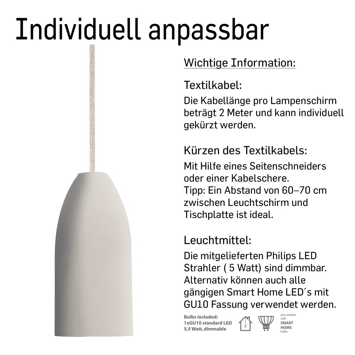 4er Betonlampe light edition mit Textilkabel Kiesel, Lampe Wohnzimmer Hängeleuchte