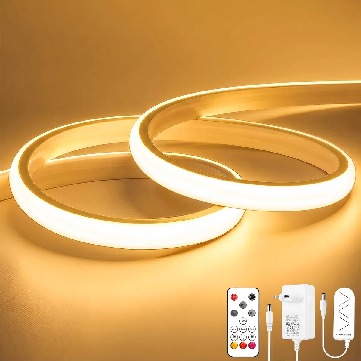 COB LED Streifen, Warmweiss Dimmbar 3M Led Strip mit Fernbedienung, 3000K Selbstklebend Wasserdicht Neon Led Leiste, 10mm Breit, Silikon Flexibel Lichtleiste für TV, Schlafzimmer, CRI90+