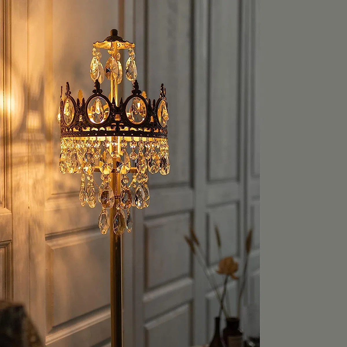 Dimmbare Stehlampe Messing Stehlampe mit Kristallschirm für Wohnzimmer Stehlampe Innen Stehleuchte für Schlafzimmer Stehlampe