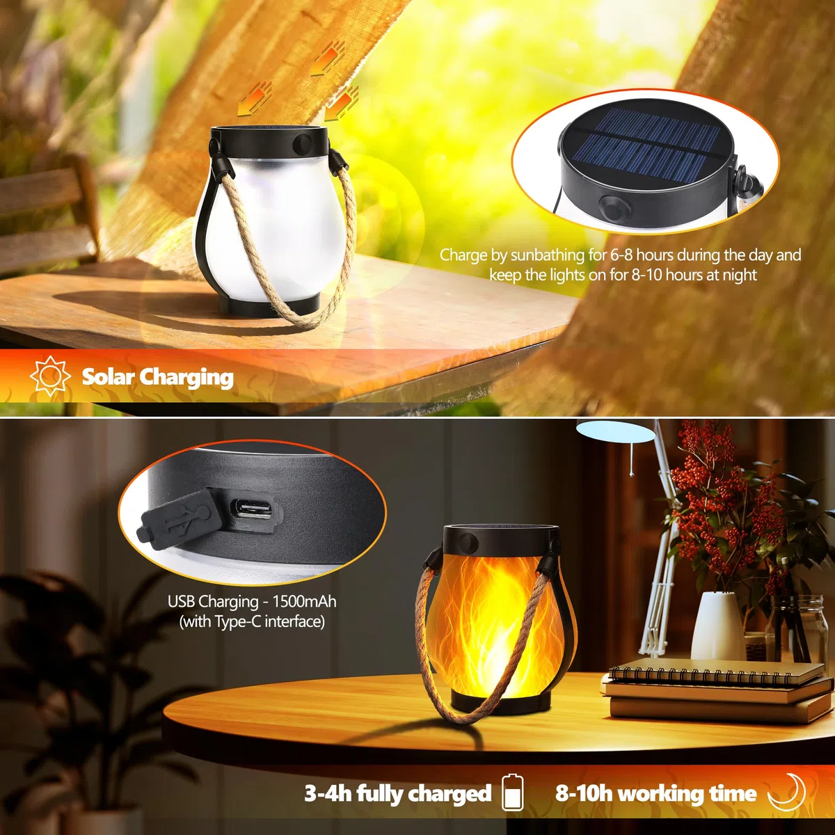 Solar-Flammenlaterne Außenaufhängbar Wasserfest - Flammenlaterne mit Doppelauflademodi Solar & USB für Garten oder Hof | Weihnachtsdekoration (2)
