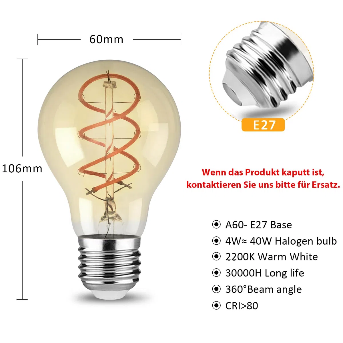 YindaLux Glühbirne E27 LED Warmweiss 2200K Filament Lampe Edison Vintage Leuchtmittel 4W Energiesparlampe Retro Birne Deko für Haus Café Bar 3er A60