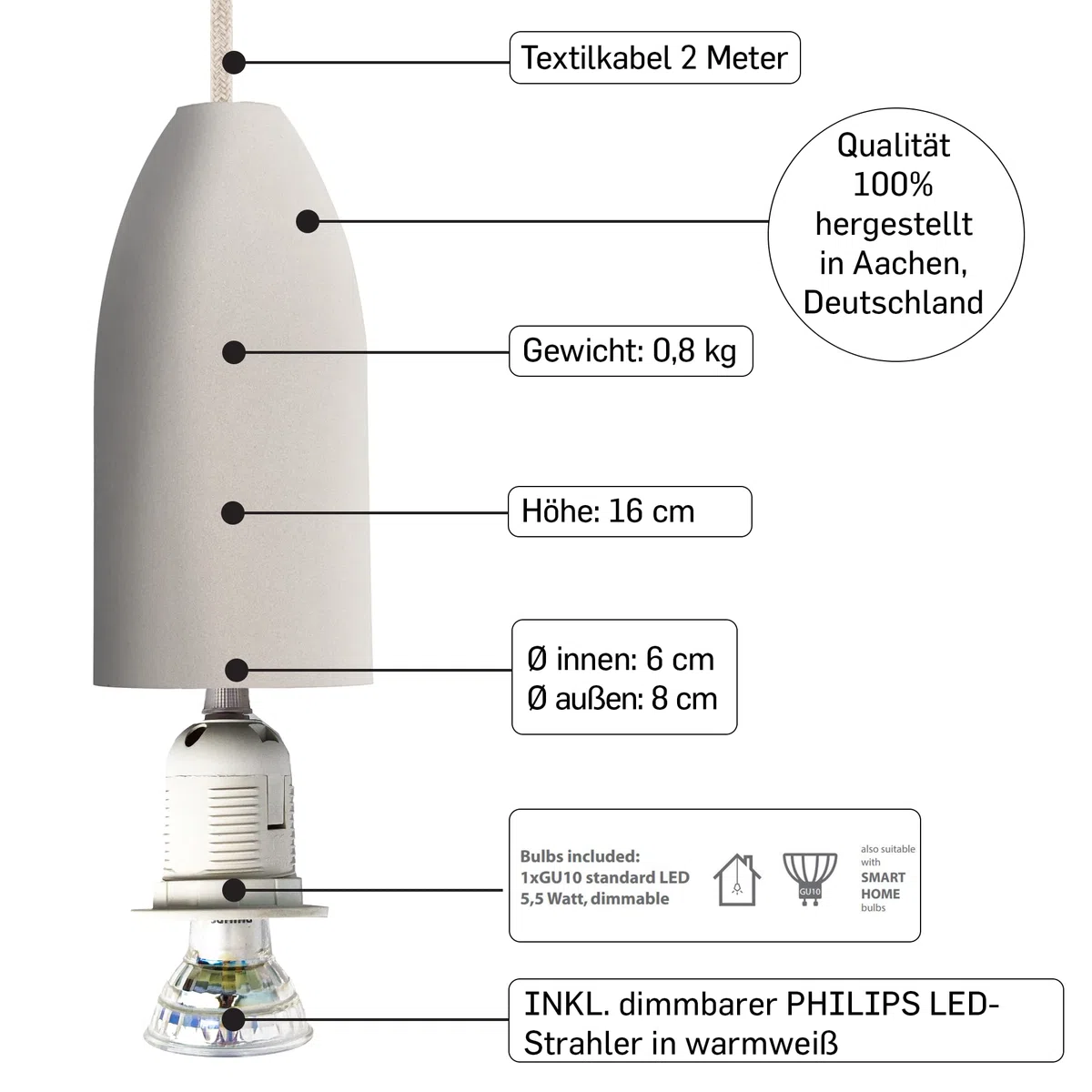 4er Betonlampe light edition mit Textilkabel Kiesel, Lampe Wohnzimmer Hängeleuchte