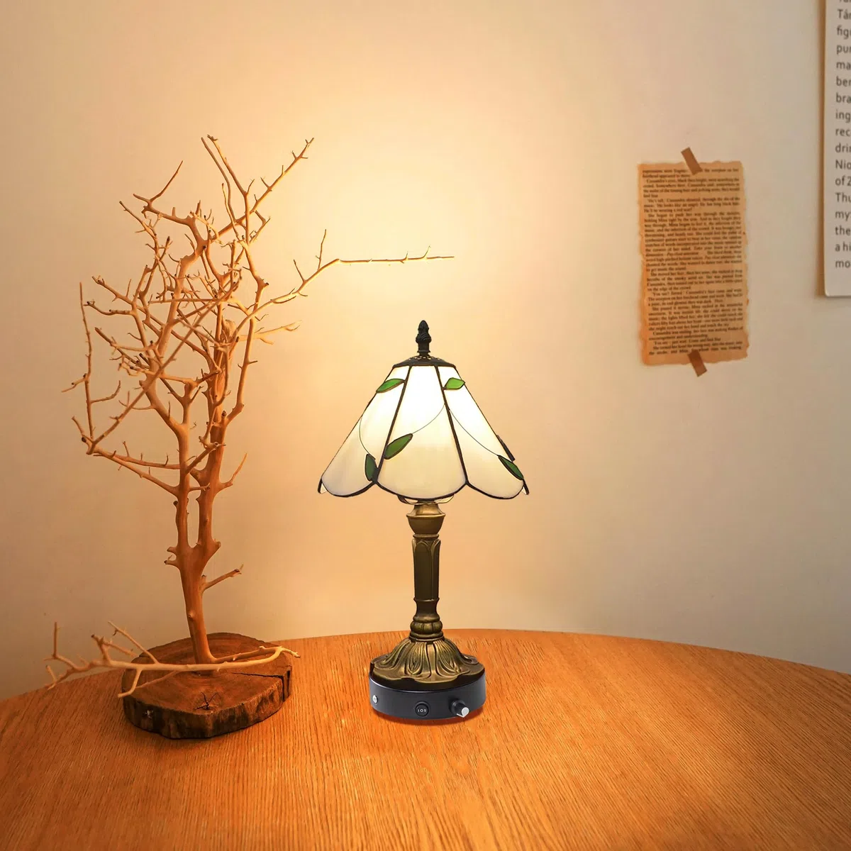 Tiffany-Stil Tischlampe Kabellos Warmweißes, Wiederaufladbar Tischleuchte, Dimmbar Nachttischlampe mit Glasschirm für Nachttisch Esszimmer Schlafzimmer -TD0782