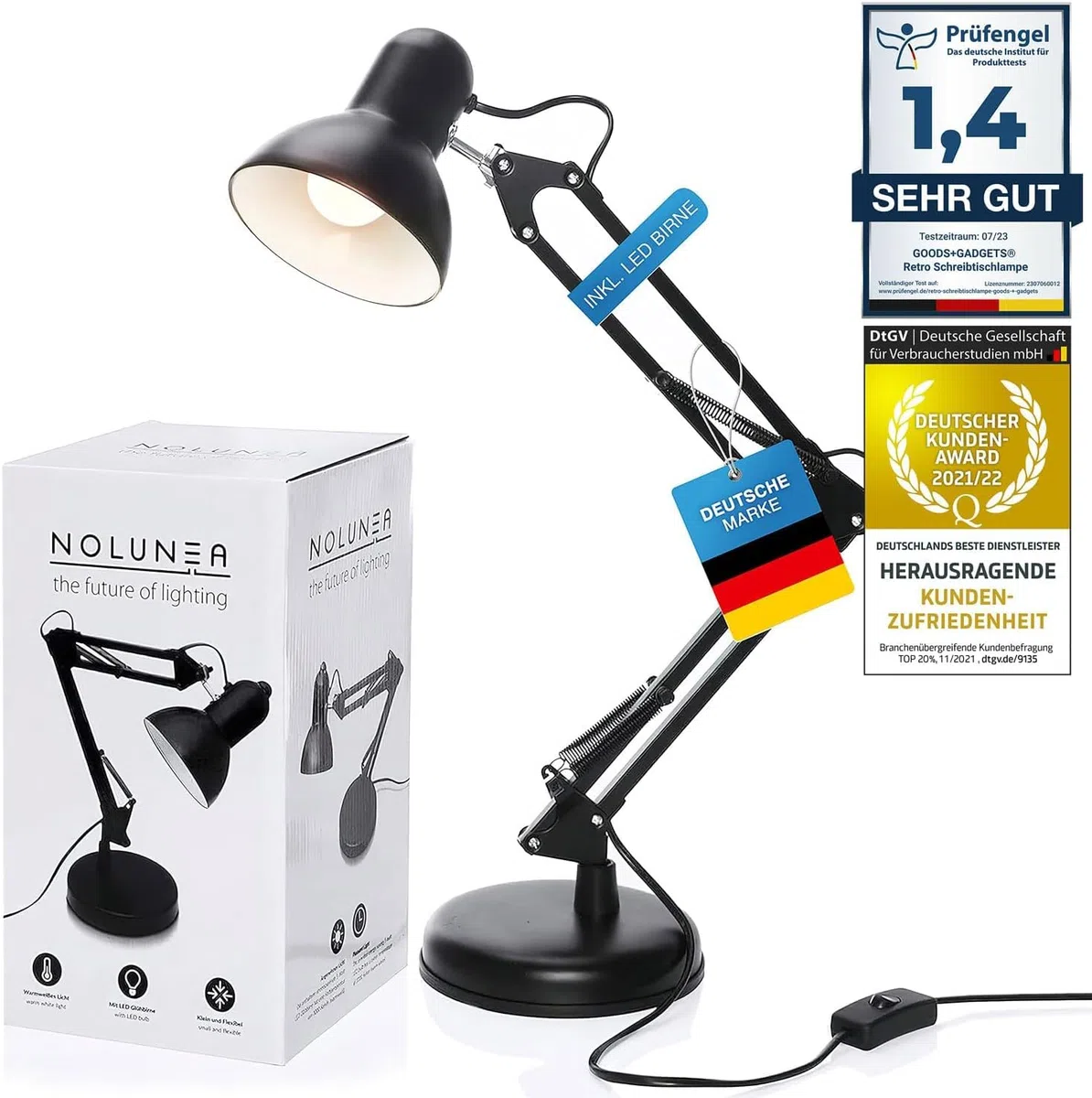 GOODS+GADGETS Retro Arbeitsplatzlampe Leselampe Schreibtischlampe Tischlampe Arbeitsplatz-leuchte Schreibtisch-Leuchte Nachttischleuchte mit Gelenk-Arm aus Metall inkl. LED Glühbirne