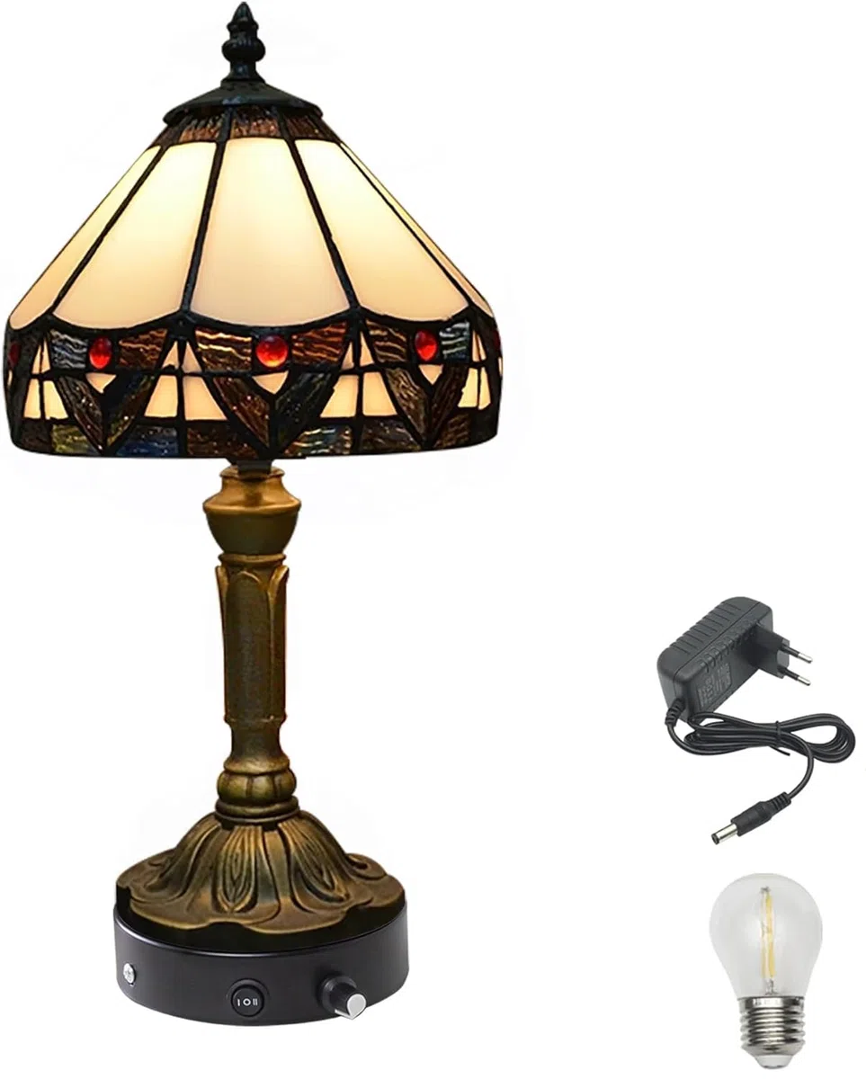Tiffany-Stil Tischlampe Kabellos Warmweißes, Wiederaufladbar Tischleuchte, Dimmbar Nachttischlampe mit Glasschirm für Nachttisch Esszimmer Schlafzimmer -TD0773