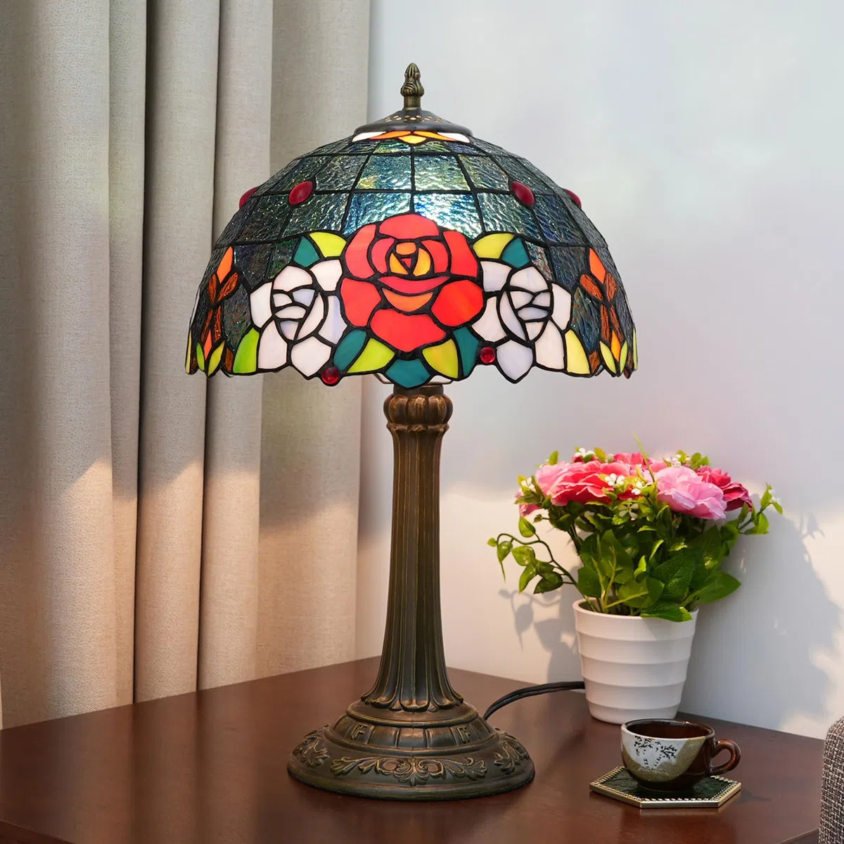 Tiffany Style Black Rose Tischlampe, 12" Nachttischlampe aus Buntglas, E27, 19" hohes Vintage-Nachtlicht für Büro Wohnzimmer Schlafzimmer Arbeitszimmer