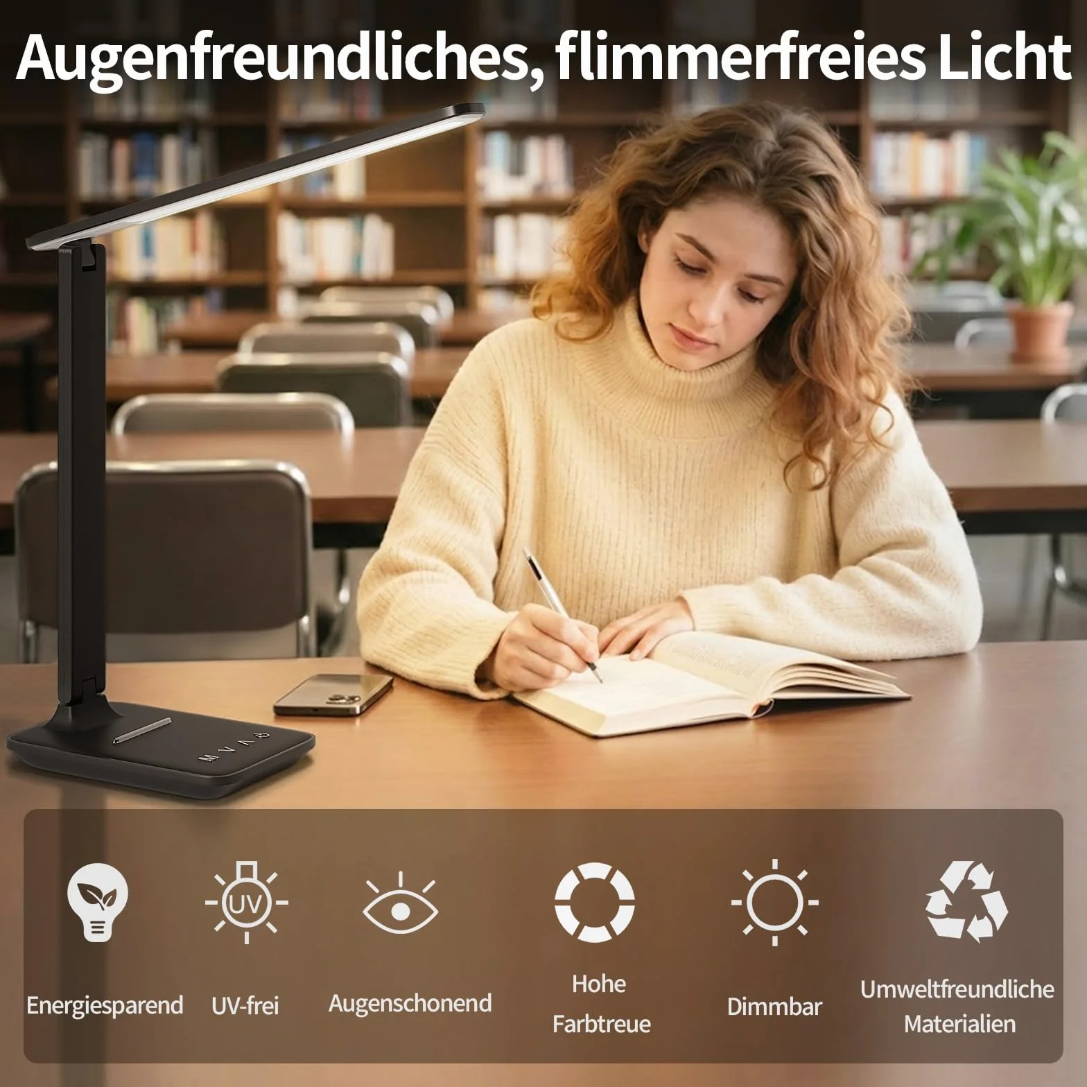 Schreibtischlampe LED Dimmbar für Büro, Lesen und Homeoffice | Tischlampe mit Augenschutz, USB-Ladeanschluss, 5 Farbtemperaturen & 5 Helligkeitsstufen, Touch-Steuerung, faltbare Leselampe