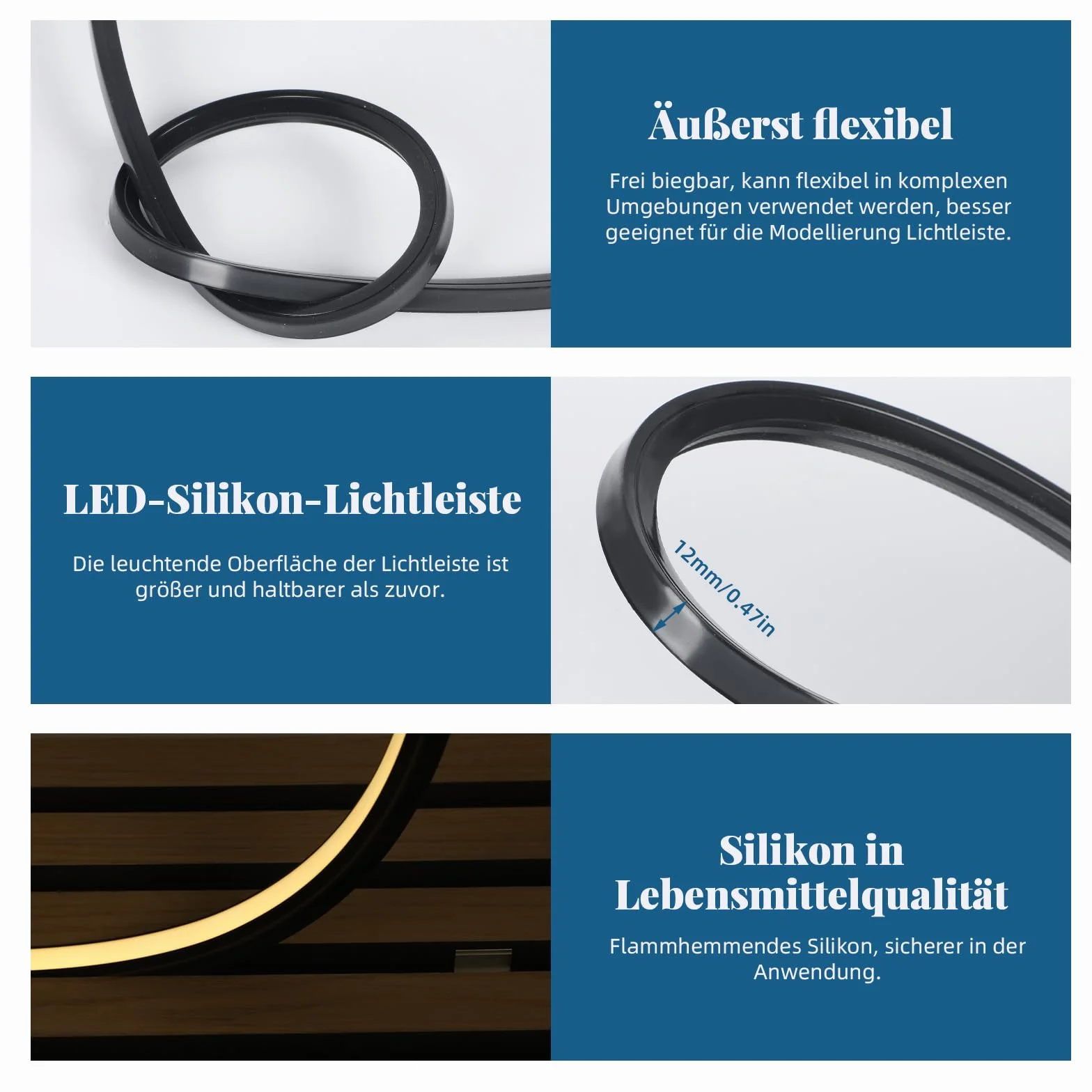 Flexibles Silikon LED Profil, 5m 12x12mm LED Schiene für 8mm Akustikpaneele LED Streifen, IP65 Wasserdicht LED Kanal Diffusor für Decke, Schrank, Bar, Akustikpaneele Beleuchtung (Schwarz, 5 m)