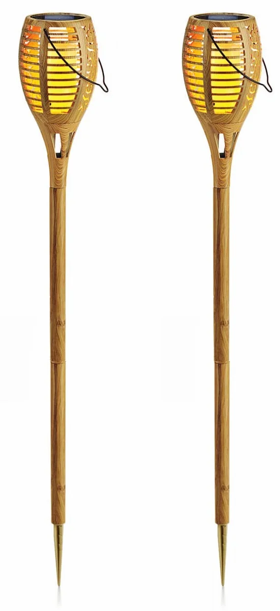 SOLAR-GARTENSTECKER FLAME, 2ER-SET BAMBUS-OPTIK XXL, 3 IN 1 FUNKTION: GARTENFACKEL, HÄNGELEUCHTE, TISCHLEUCHTE MIT LED FLAMMEN-EFFEKTBELEUCHTUNG