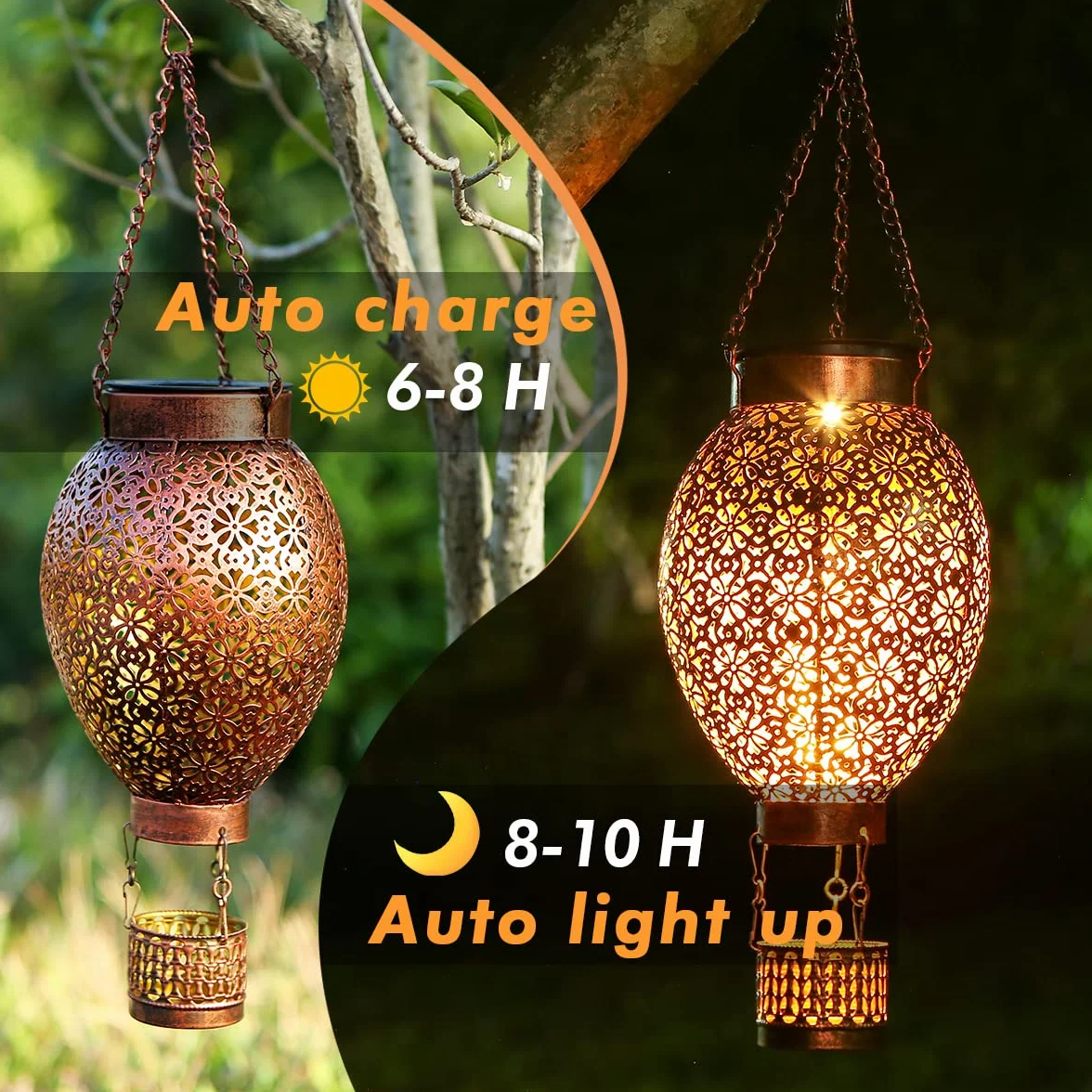 Solarlaterne für Außen, LED Metall Solar Laterne für Draußen Hängend mit IP65 Wasserdicht, JOYCREATOR Gartendeko Solar Laterne Aussen für Garten Balkon Terrasse weihnachten deko (Heißluftballon)