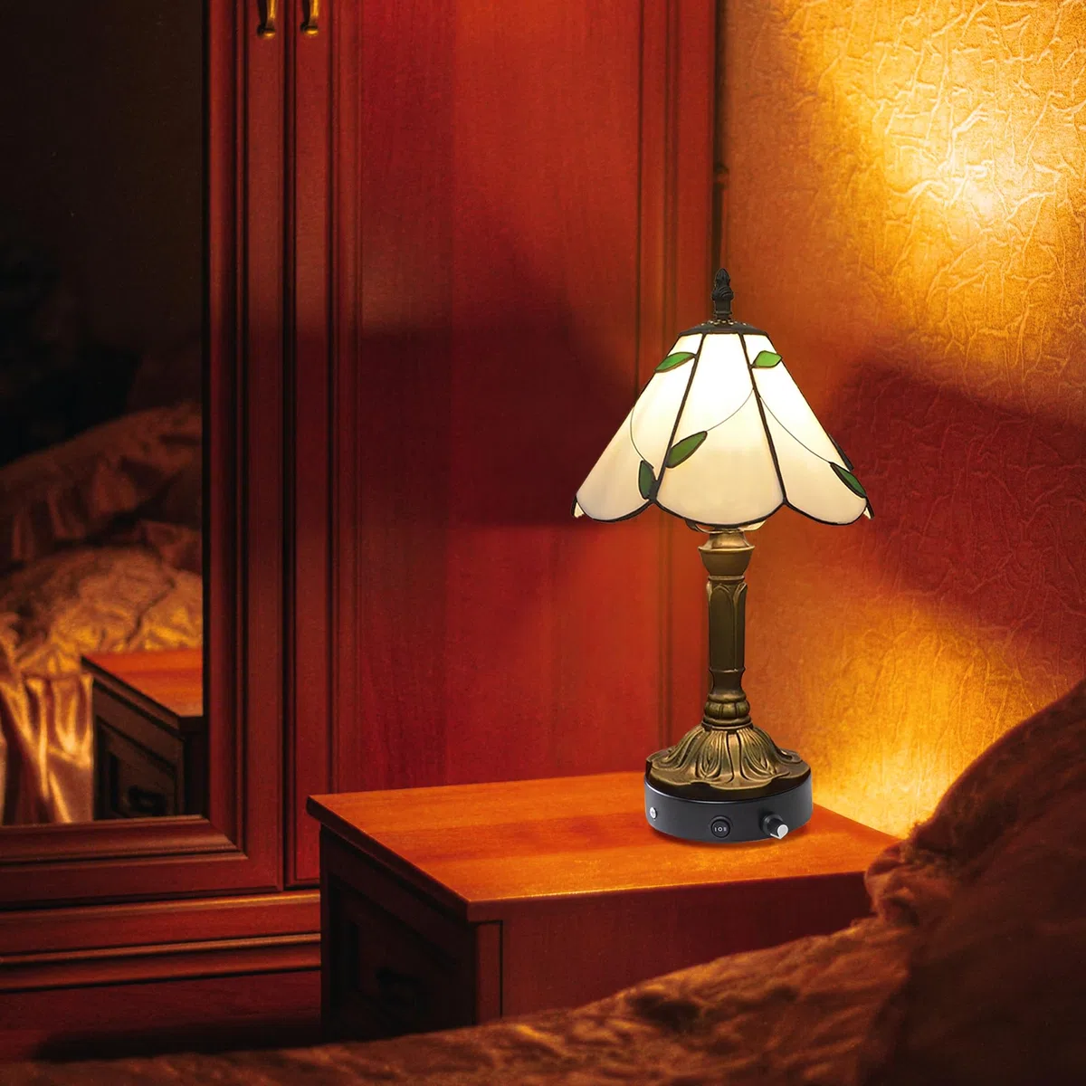 Tiffany-Stil Tischlampe Kabellos Warmweißes, Wiederaufladbar Tischleuchte, Dimmbar Nachttischlampe mit Glasschirm für Nachttisch Esszimmer Schlafzimmer -TD0782