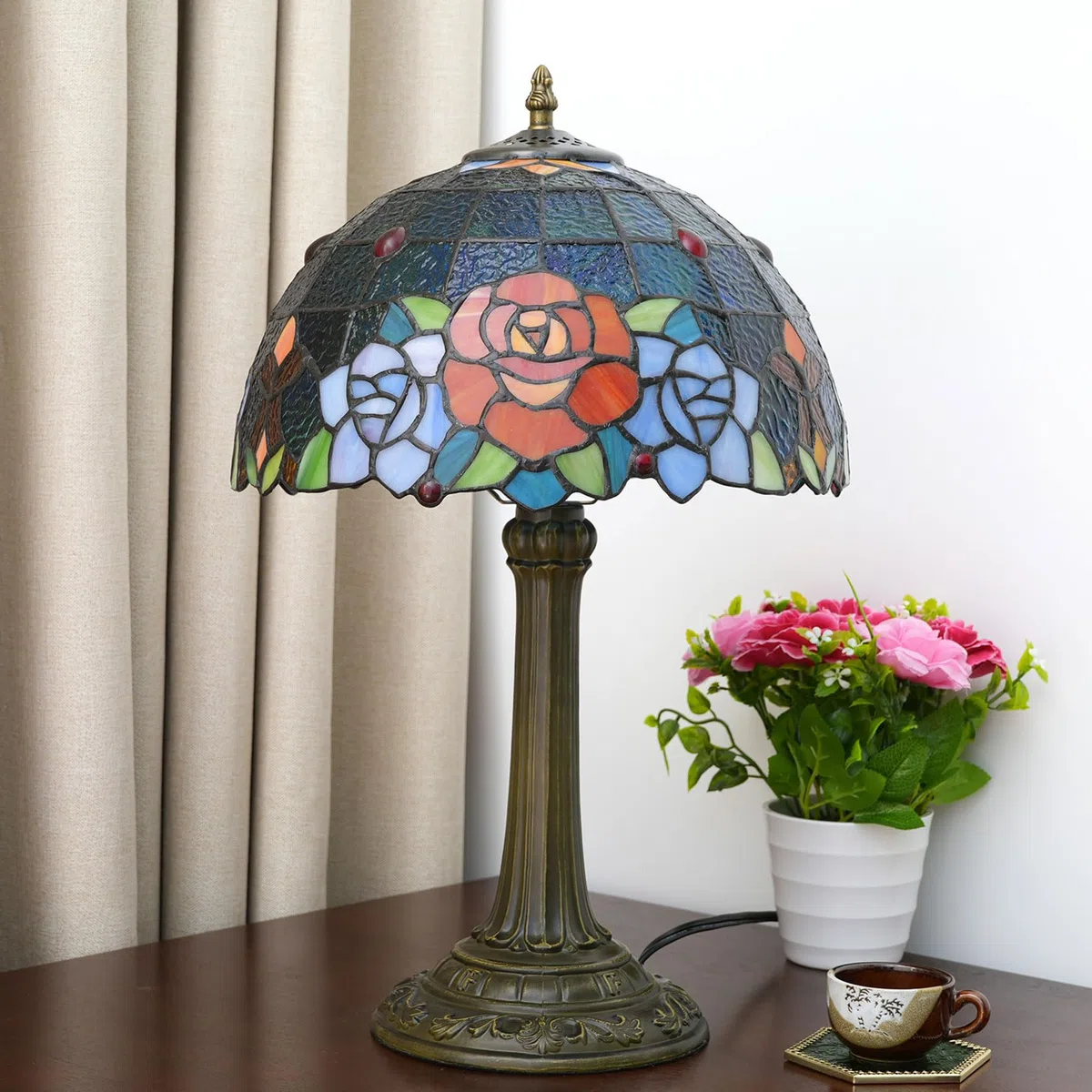 Tiffany Style Black Rose Tischlampe, 12" Nachttischlampe aus Buntglas, E27, 19" hohes Vintage-Nachtlicht für Büro Wohnzimmer Schlafzimmer Arbeitszimmer