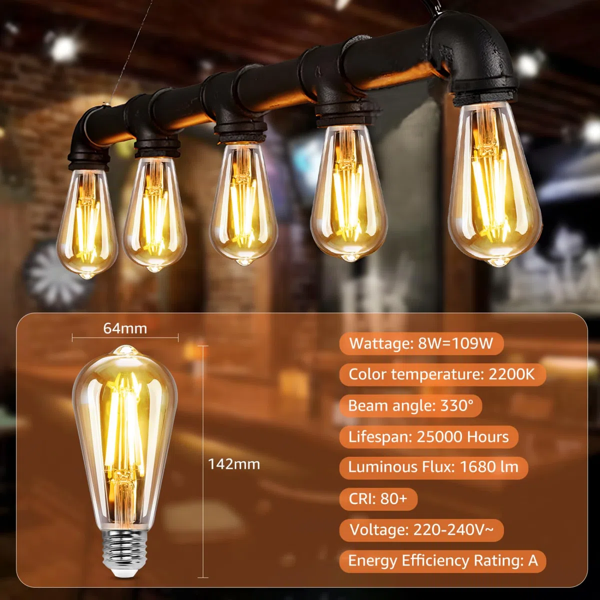 LED lampe ST64,Edison Vintage Lampen E27 8W=109W,Antike Glühlampe, warmes licht 2200K, 1680LM Dekorative Glühbirne, Ideal für Nostalgie und Retro Beleuchtung im Haus Café Bar-6 Stück