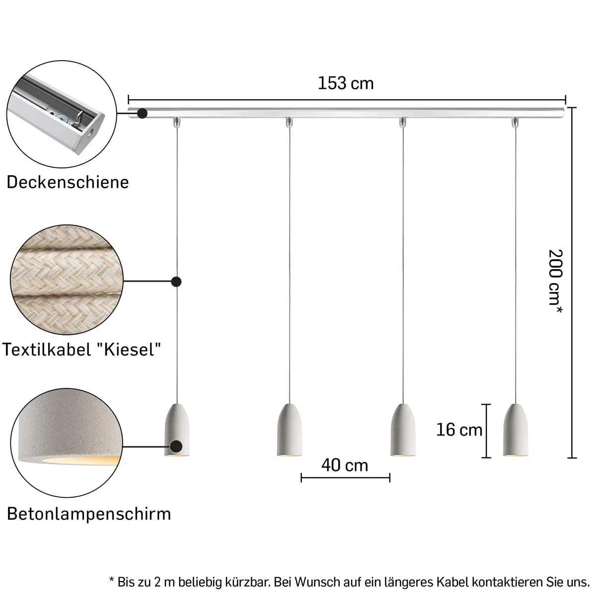 4er Betonlampe light edition mit Textilkabel Kiesel, Lampe Wohnzimmer Hängeleuchte