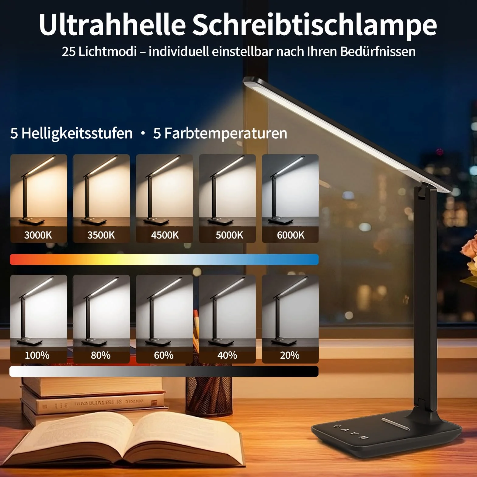 Schreibtischlampe LED Dimmbar für Büro, Lesen und Homeoffice | Tischlampe mit Augenschutz, USB-Ladeanschluss, 5 Farbtemperaturen & 5 Helligkeitsstufen, Touch-Steuerung, faltbare Leselampe