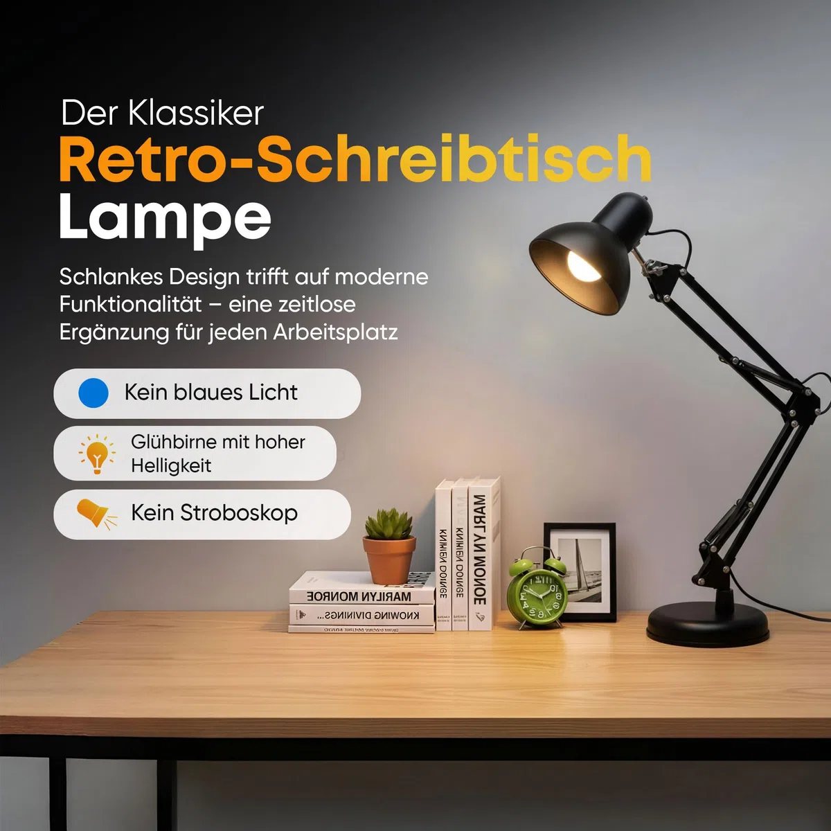 GOODS+GADGETS Retro Arbeitsplatzlampe Leselampe Schreibtischlampe Tischlampe Arbeitsplatz-leuchte Schreibtisch-Leuchte Nachttischleuchte mit Gelenk-Arm aus Metall inkl. LED Glühbirne