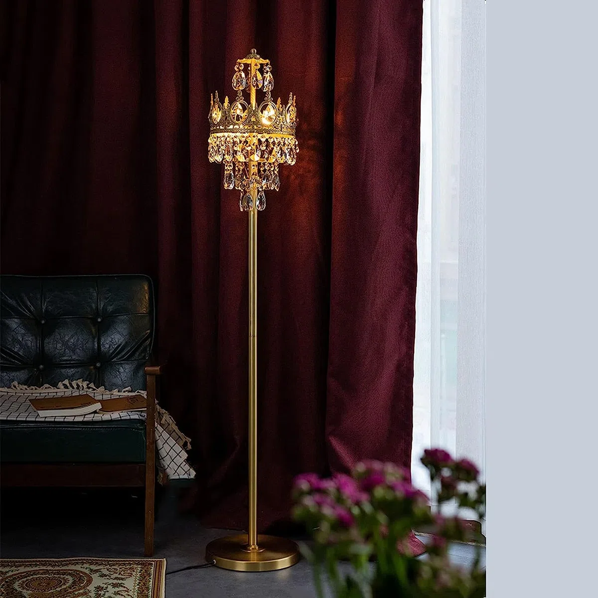 Dimmbare Stehlampe Messing Stehlampe mit Kristallschirm für Wohnzimmer Stehlampe Innen Stehleuchte für Schlafzimmer Stehlampe