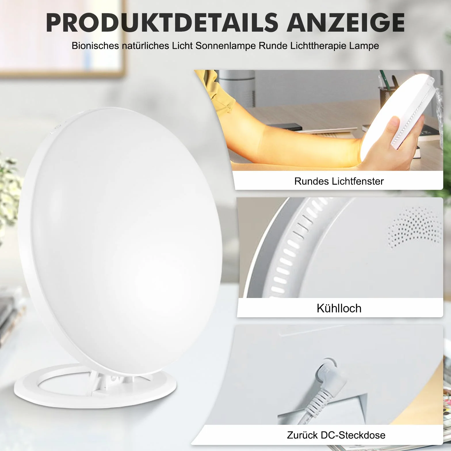 HOSPAOP Tageslichtlampe 10000 Lux, LED Lichttherapielampe UV-freie Tageslicht, LED Sonnenlicht Daylight Lampe mit Stufenlosem Dimmer, Vollspektrumlampe für Büro Schreibtisch Zuhause