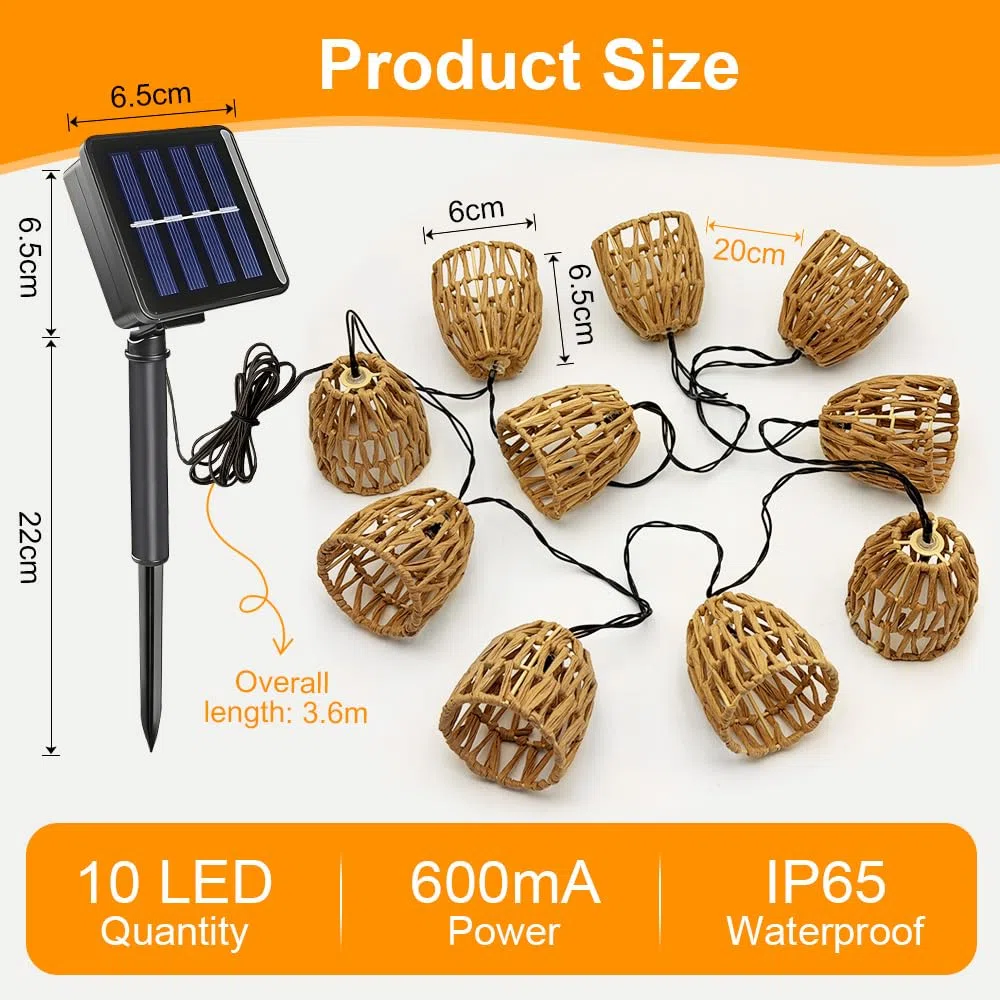 10 Stück LED Solar Lichterkette Outdoor 3.6m, Lichterkette Außen Solar Wetterfest IP65, Papierseil Solarlichterkette, Solar Lichterkette Aussen, Solar Lampions Außen Wetterfest Für Garten Balkon (A)