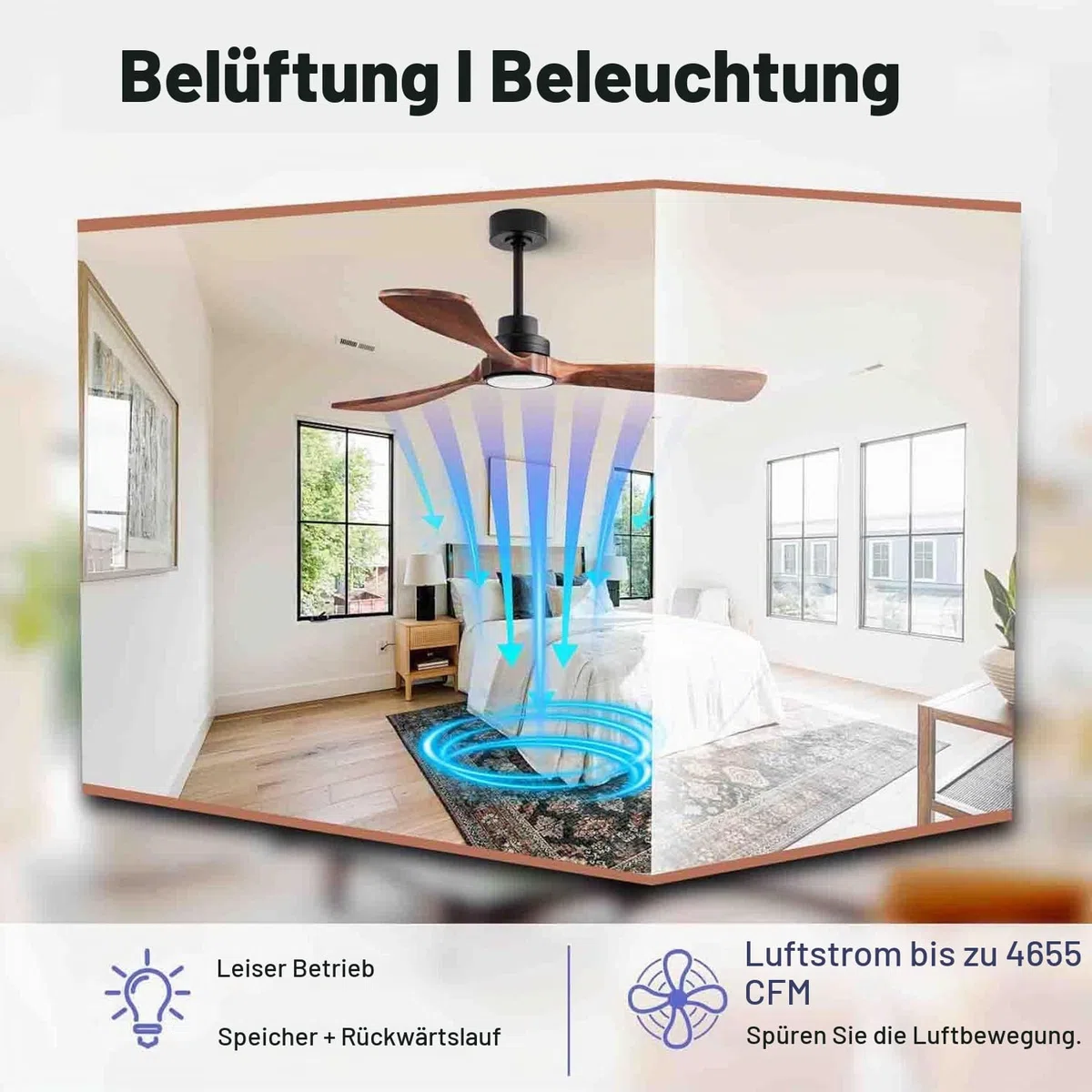 Deckenventilator mit Beleuchtung, 106 cm, Massivholz, LED 18 W