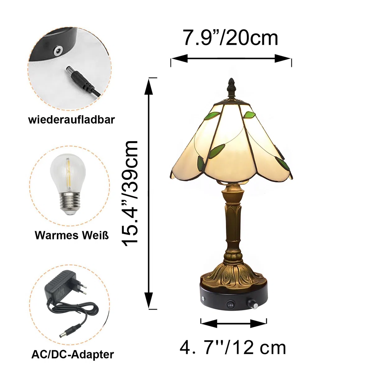 Tiffany-Stil Tischlampe Kabellos Warmweißes, Wiederaufladbar Tischleuchte, Dimmbar Nachttischlampe mit Glasschirm für Nachttisch Esszimmer Schlafzimmer -TD0782