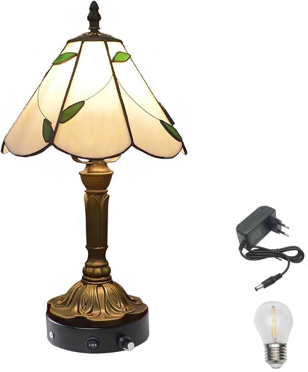 Tiffany-Stil Tischlampe Kabellos Warmweißes, Wiederaufladbar Tischleuchte, Dimmbar Nachttischlampe mit Glasschirm für Nachttisch Esszimmer Schlafzimmer -TD0782