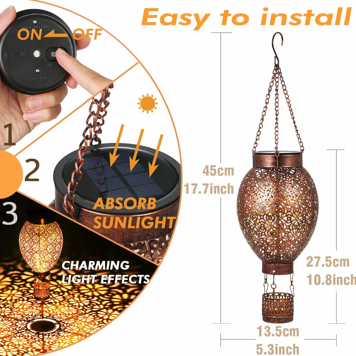 Solarlaterne für Außen, LED Metall Solar Laterne für Draußen Hängend mit IP65 Wasserdicht, JOYCREATOR Gartendeko Solar Laterne Aussen für Garten Balkon Terrasse weihnachten deko (Heißluftballon)