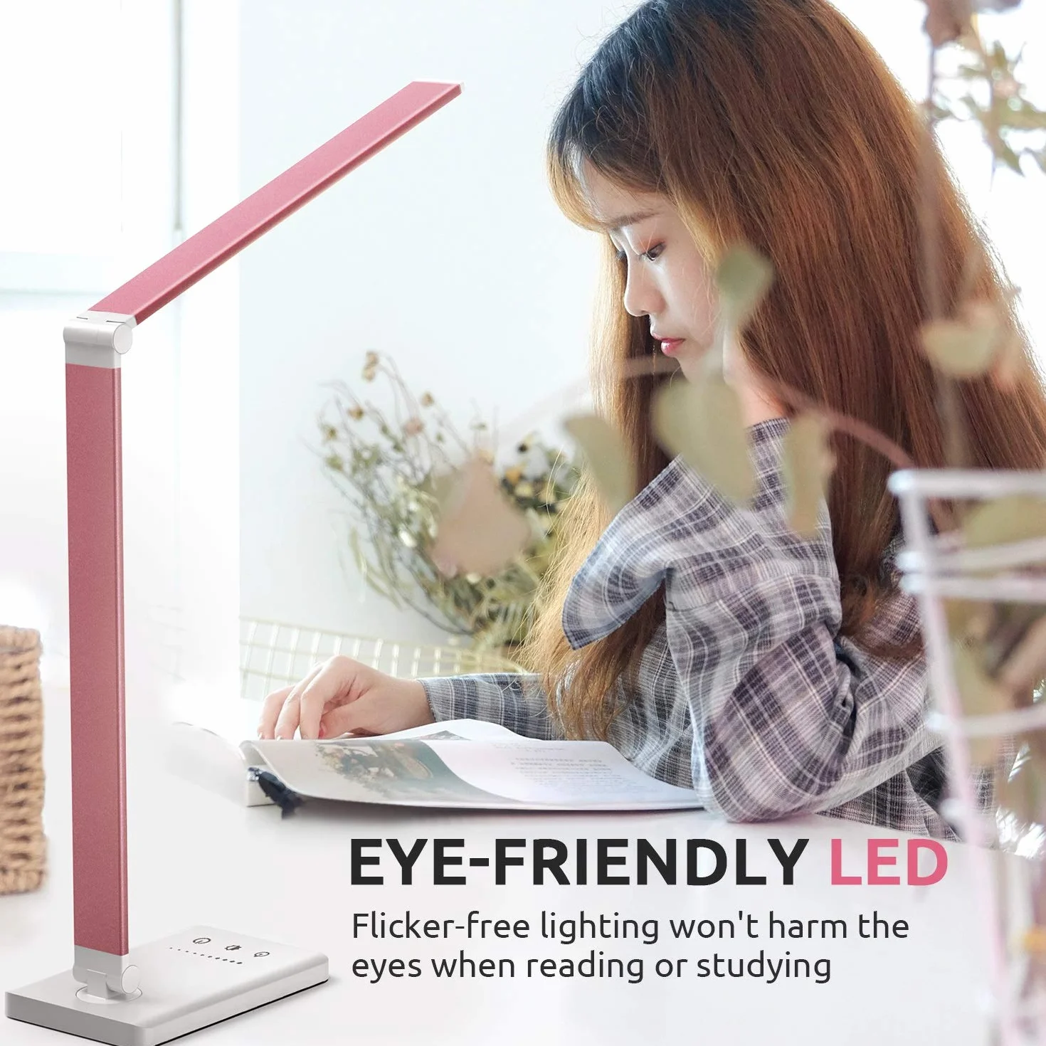 Chesbung Rosa Schreibtischlampe LED Dimmbare Tischleuchte, 5 Farb und 10 Helligkeitsstufen, Augenschutz Tischlampe für Kinder, Touch-Bedienung, Faltbar, Nachttischlampe mit 2500mAH Eingebaute Batterie