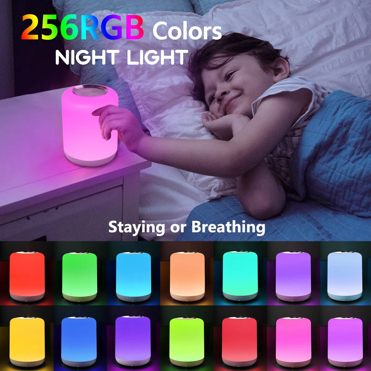 SOLIDEE Nachttischlampe Touch Dimmbar,LED Nachtlicht Baby,mit 256 RGB Warmweißes Tischlampe, Nachtlicht Batterie USB-Aufladung,1-Stunden-Timer fur Schlafzimmer/Wohnzimmer/Kinder/Erwachsene