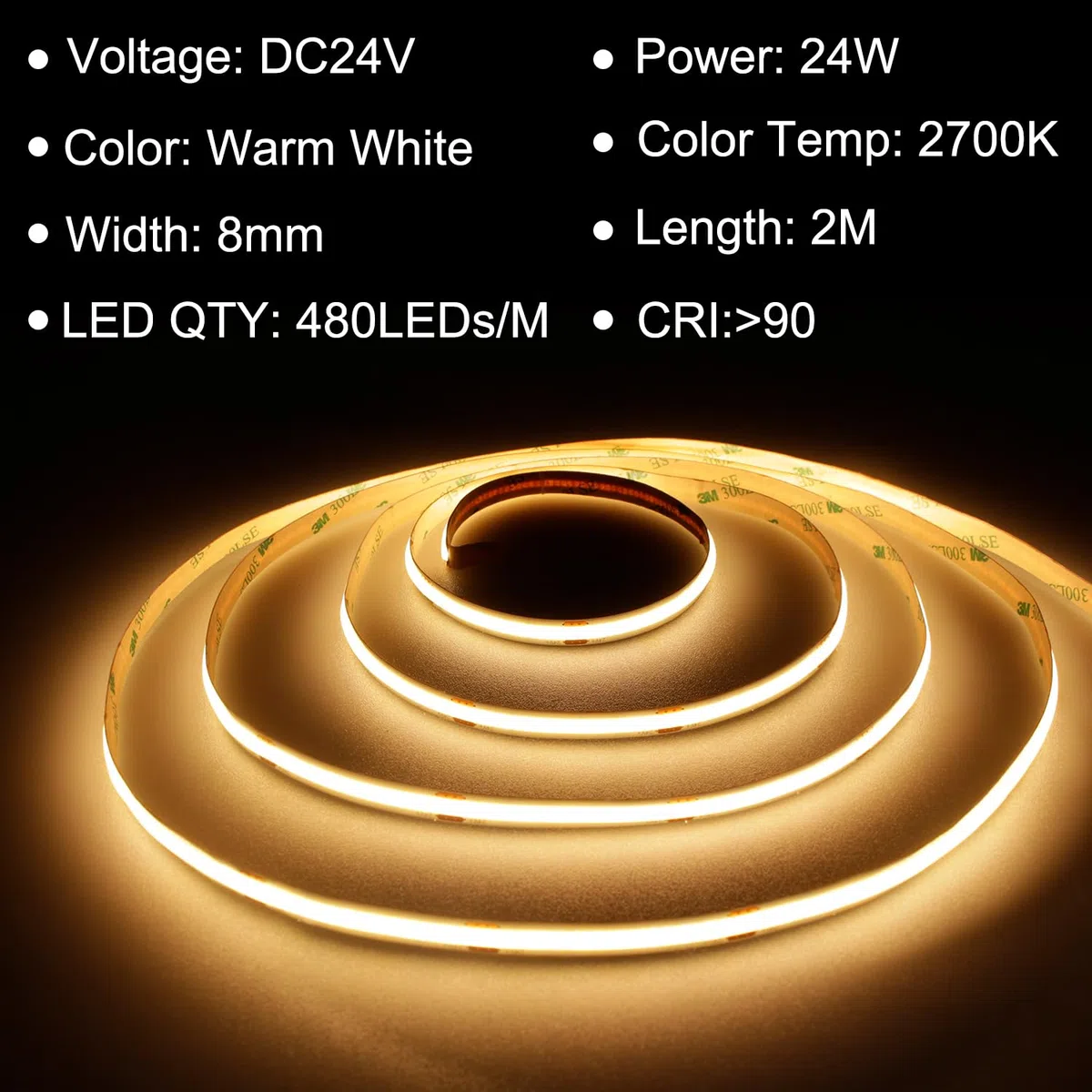 TTWAY COB LED Streifen 2M, 2700K Warmweiße LED Streifen mit Netzteil und Fernbedienung, DC24V, 480LEDs/M, CRI 90+, 8mm Breite, Dimmbare Light Strips für die Schlafzimmerdekoration