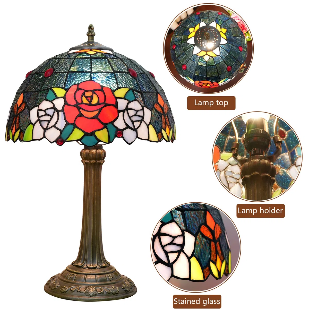 Tiffany Style Black Rose Tischlampe, 12" Nachttischlampe aus Buntglas, E27, 19" hohes Vintage-Nachtlicht für Büro Wohnzimmer Schlafzimmer Arbeitszimmer