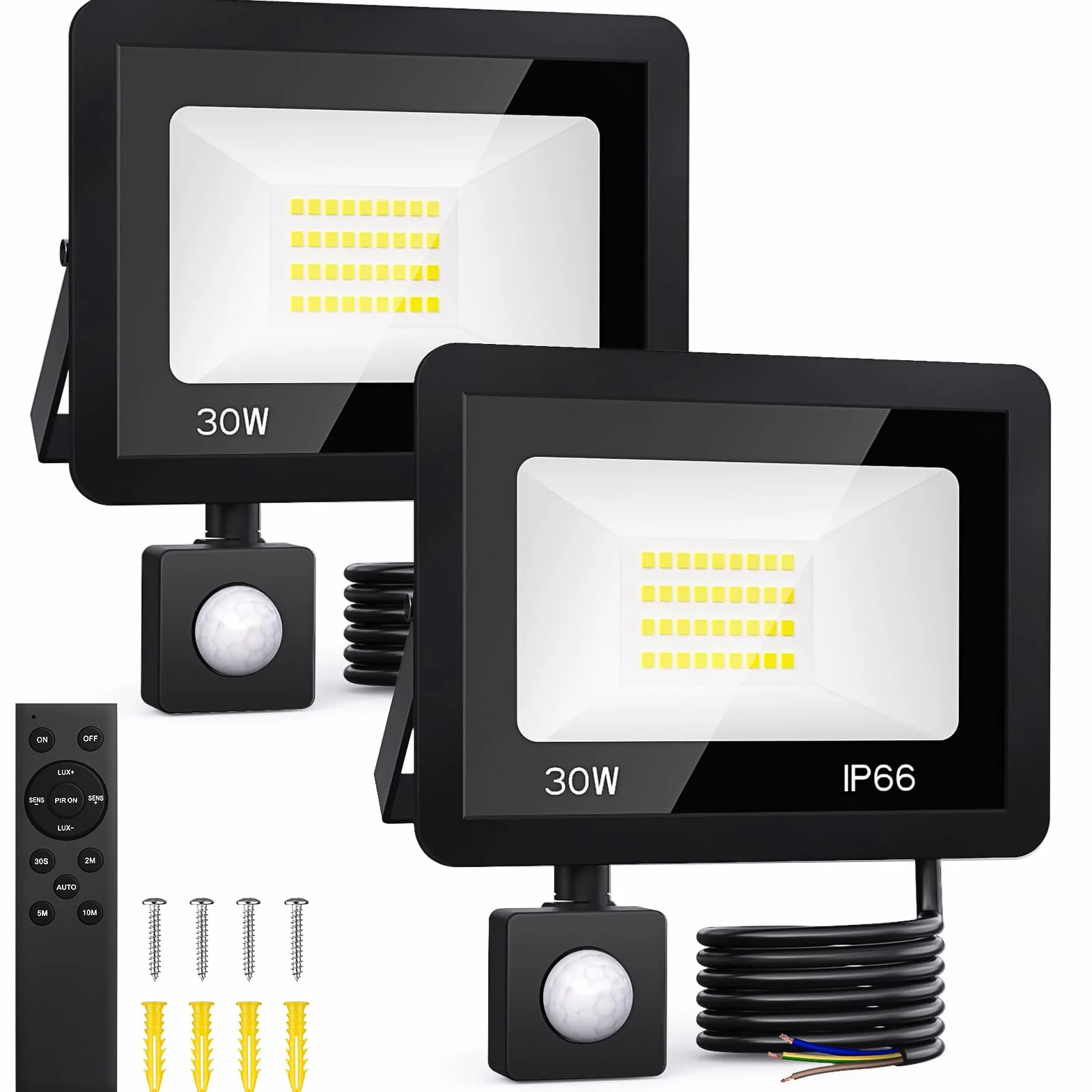 30W LED Strahler mit Bewegungsmelder Außen - 2 Stück Außenlampe mit Fernbedienung, 6500K Kaltweiß Superhell Innen Aussen Lampe, IP66 Wasserdicht Aussenlampe für Garten Garage Hof Wohnen Hinterhof