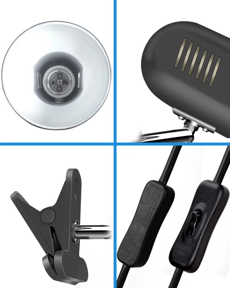Milpoel Klemmleuchte, Verstellbare Schreibtischlampe mit E27-Fassung, Klemmlampe für Lesen im Bett, Arbeiten und Lernen, Schlankes und Leichtes Design (Schwarz)