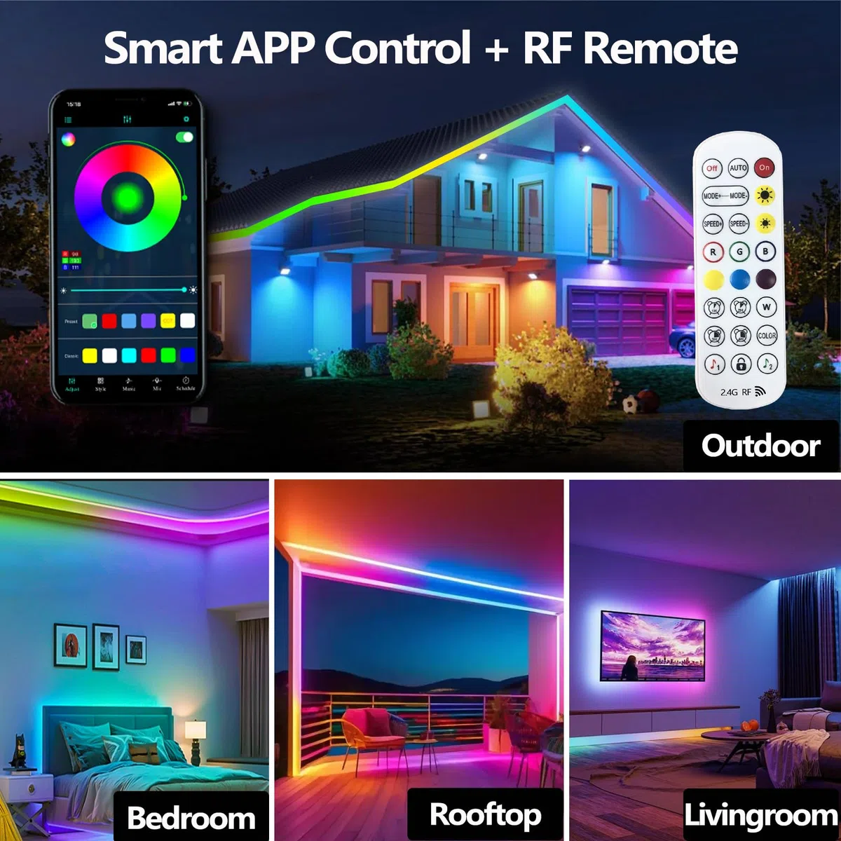 15m RGB+IC LED Streifen,Außenbereich IP68 Wasserdicht,Steuerung mit App/Fernbedienung,Bluetooth Musik Sync Seillicht für Balkone,errassen,Dächer,Gärten,Schwimmbäder