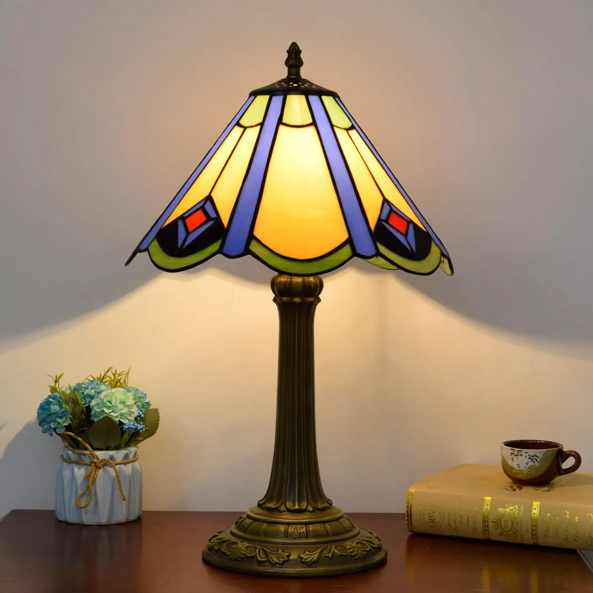 Tiffany Stil Japanische Klassische Tischlampe, 12" Nachttischlampe aus Buntglas, E27, 19" hohes Vintage-Nachtlicht für Büro Wohnzimmer Schlafzimmer Arbeitszimmer