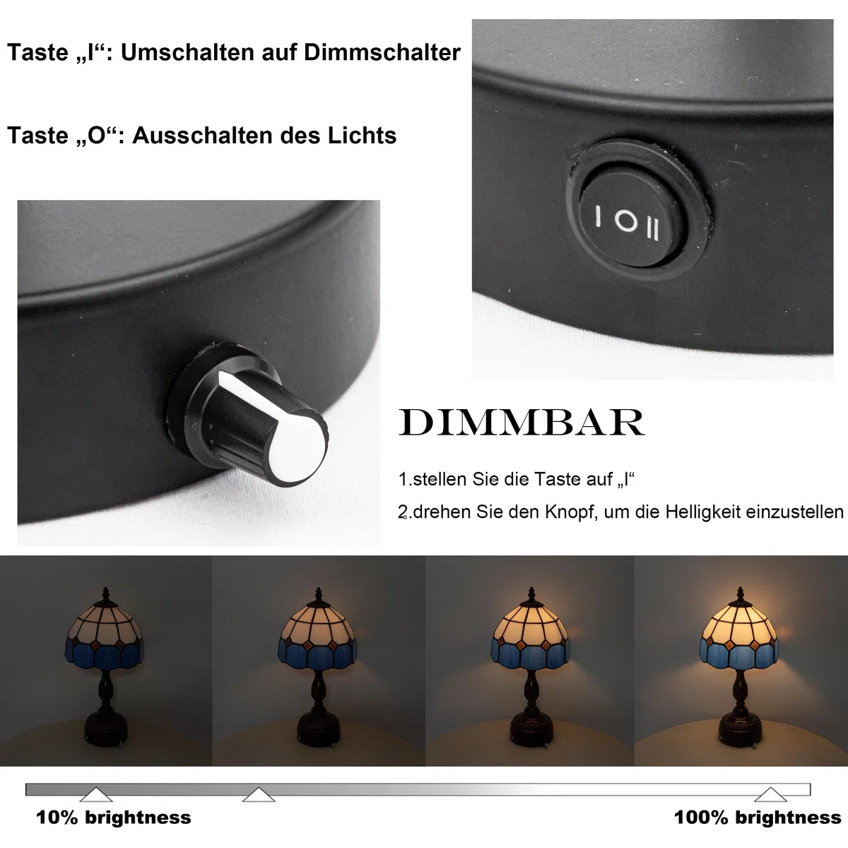 Tiffany-Stil Tischlampe Kabellos Warmweißes, Wiederaufladbar Tischleuchte, Dimmbar Nachttischlampe mit Glasschirm für Nachttisch Esszimmer Schlafzimmer -TD0773