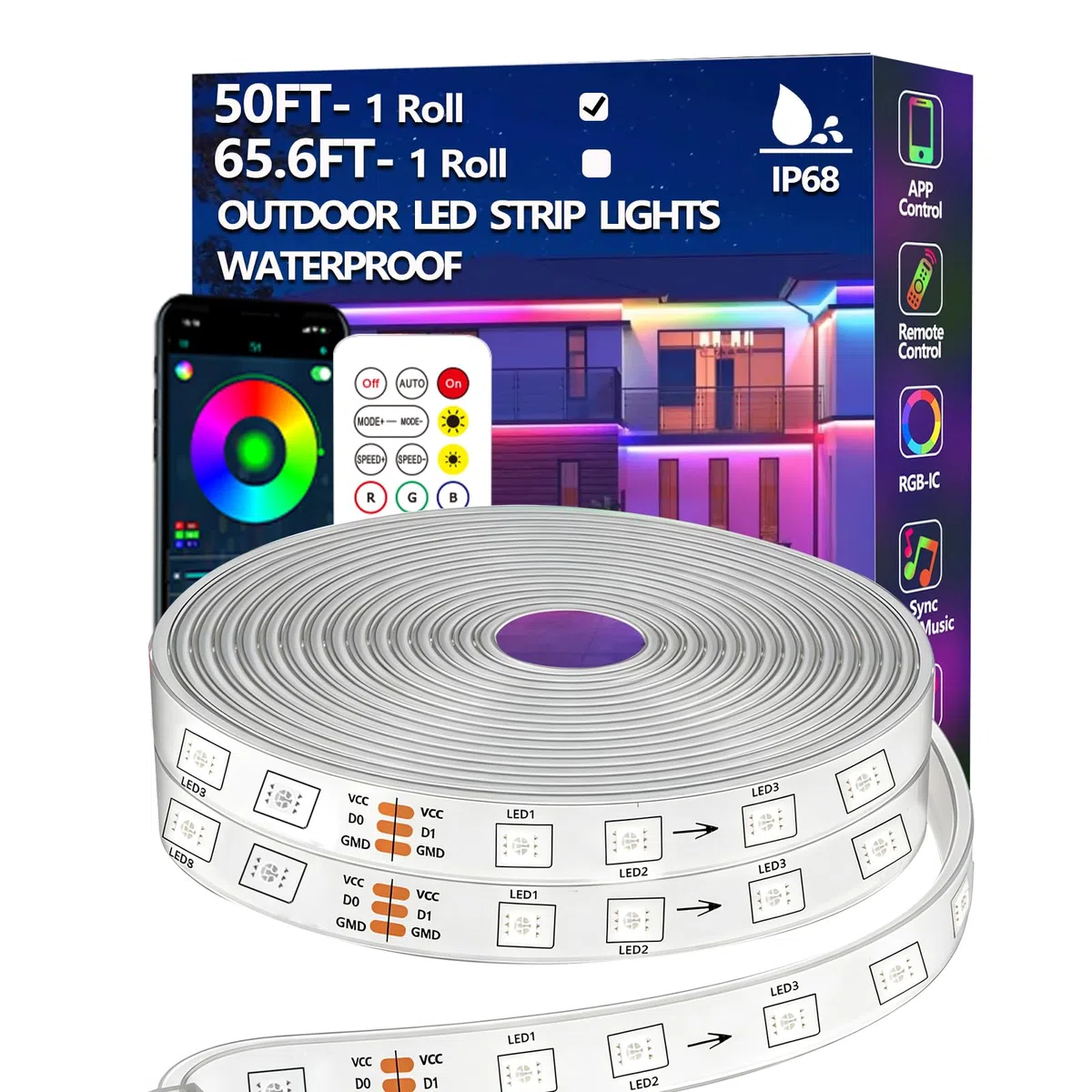 15m RGB+IC LED Streifen,Außenbereich IP68 Wasserdicht,Steuerung mit App/Fernbedienung,Bluetooth Musik Sync Seillicht für Balkone,errassen,Dächer,Gärten,Schwimmbäder